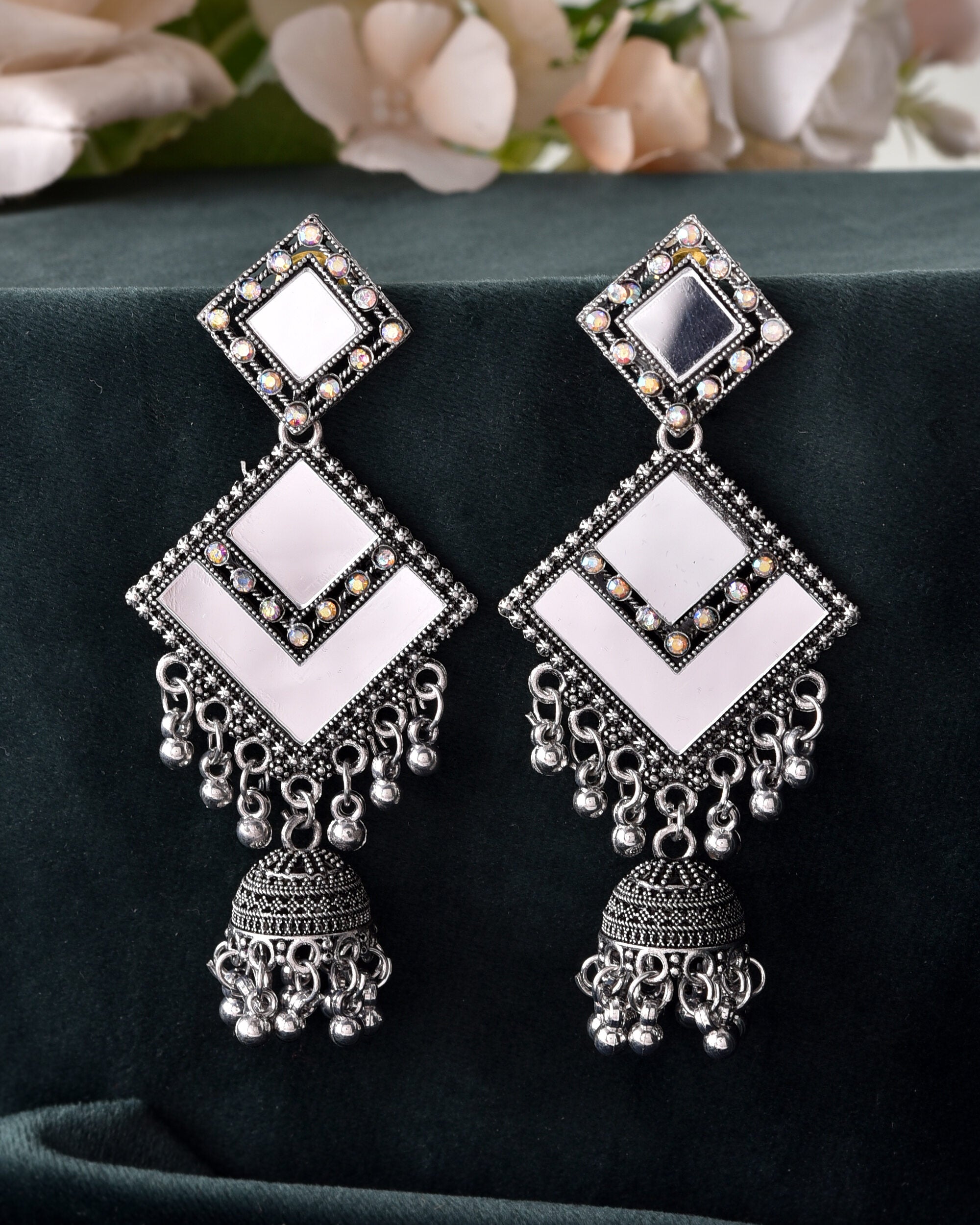 VOJ Silver Plated Mirror Studded Square Shaped Earrings