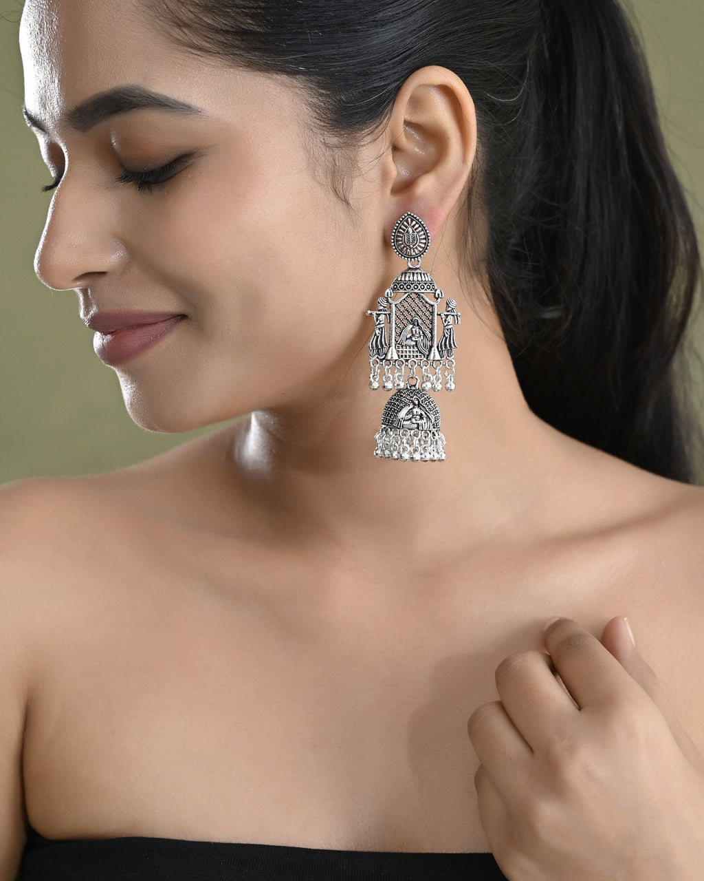 VOJ Silver Plated Oxidized Temple Long Earrings