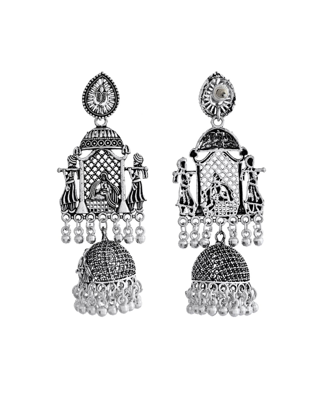 VOJ Silver Plated Oxidized Temple Long Earrings