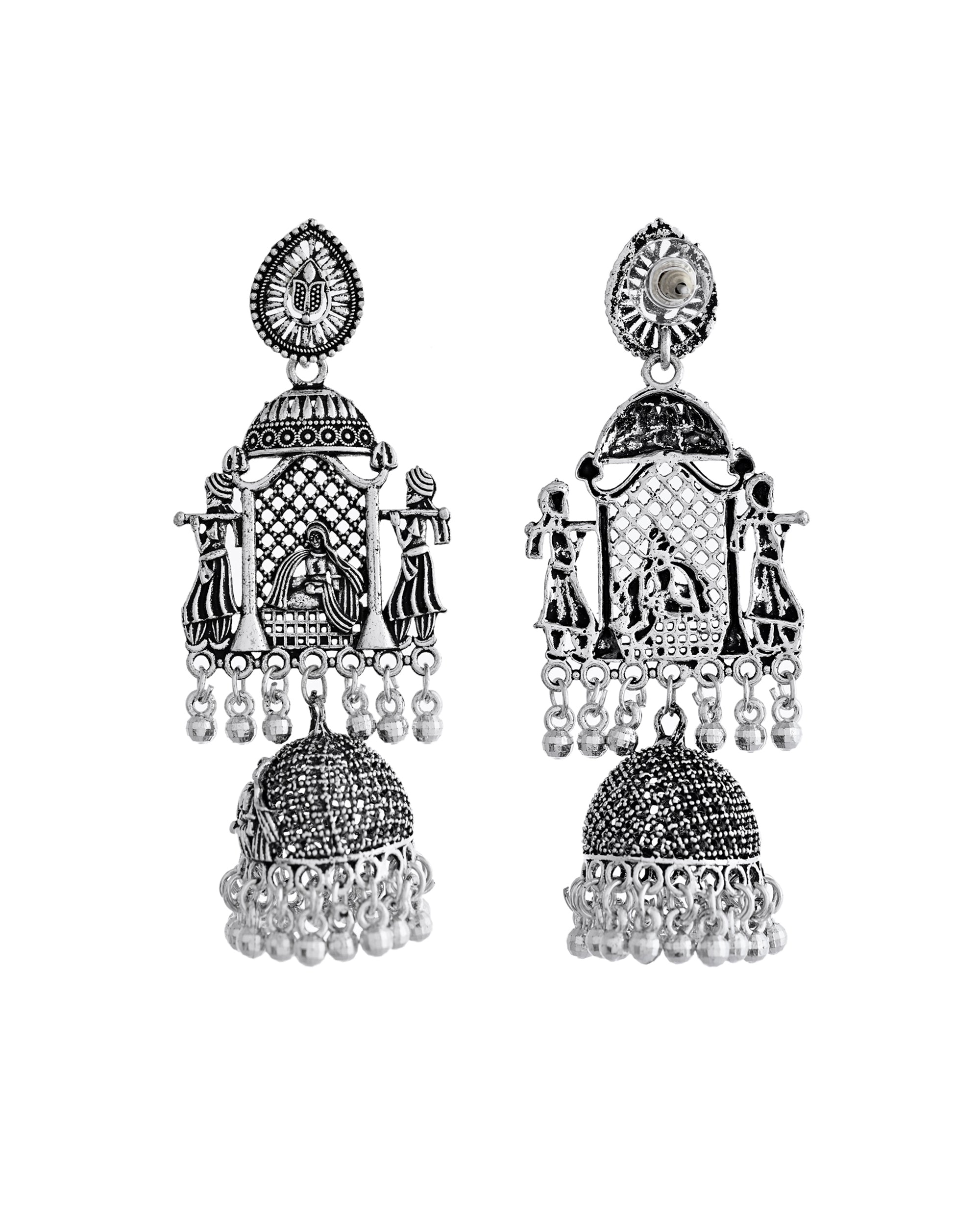 VOJ Silver Plated Oxidized Temple Long Earrings