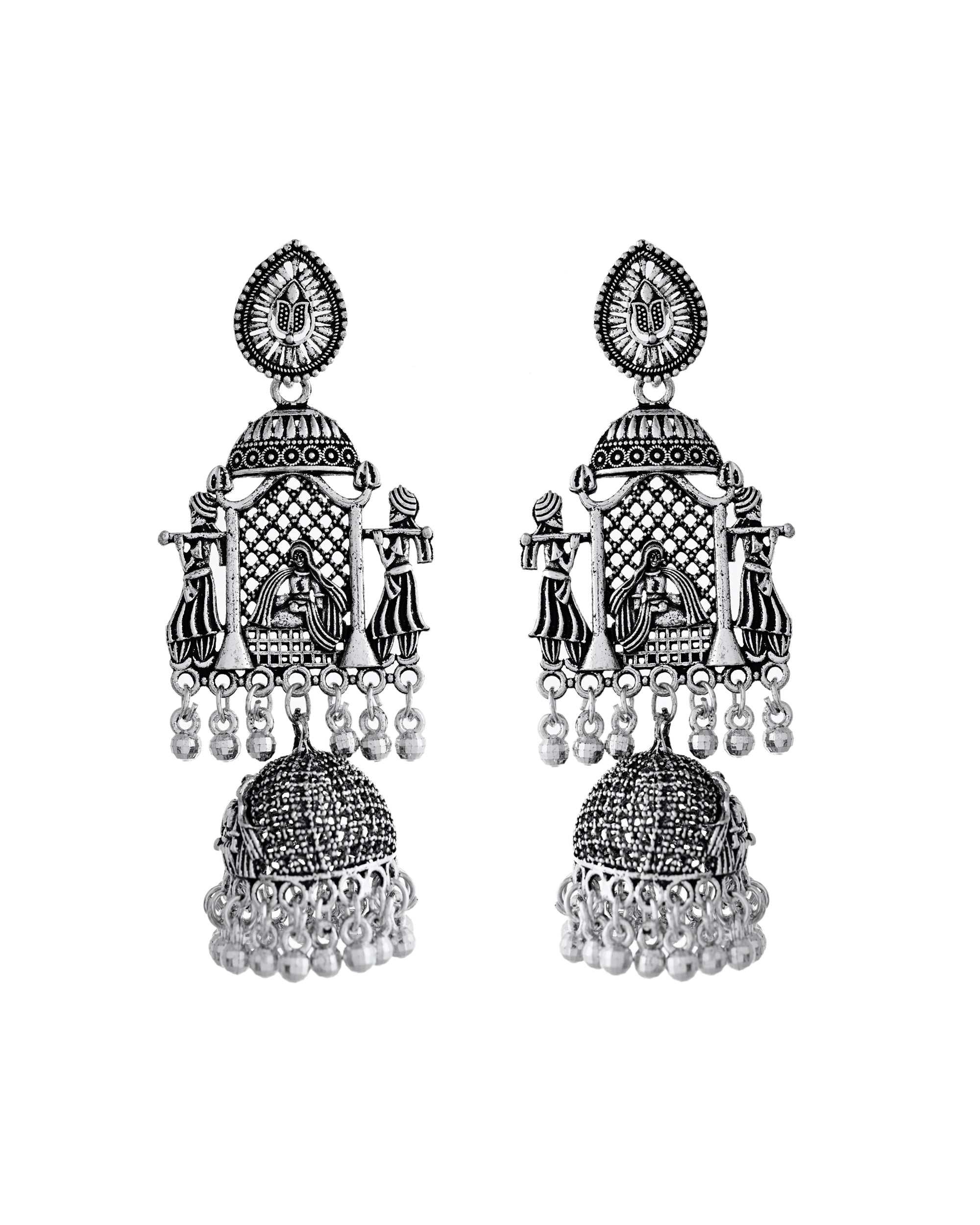 VOJ Silver Plated Oxidized Temple Long Earrings