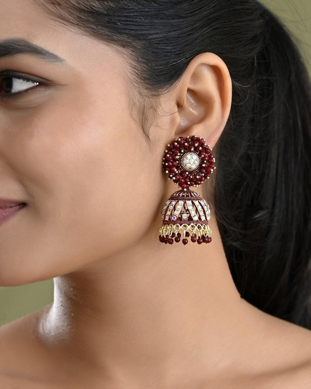 VOJ Marron Beads And Stone Studded Jhumka Earrings