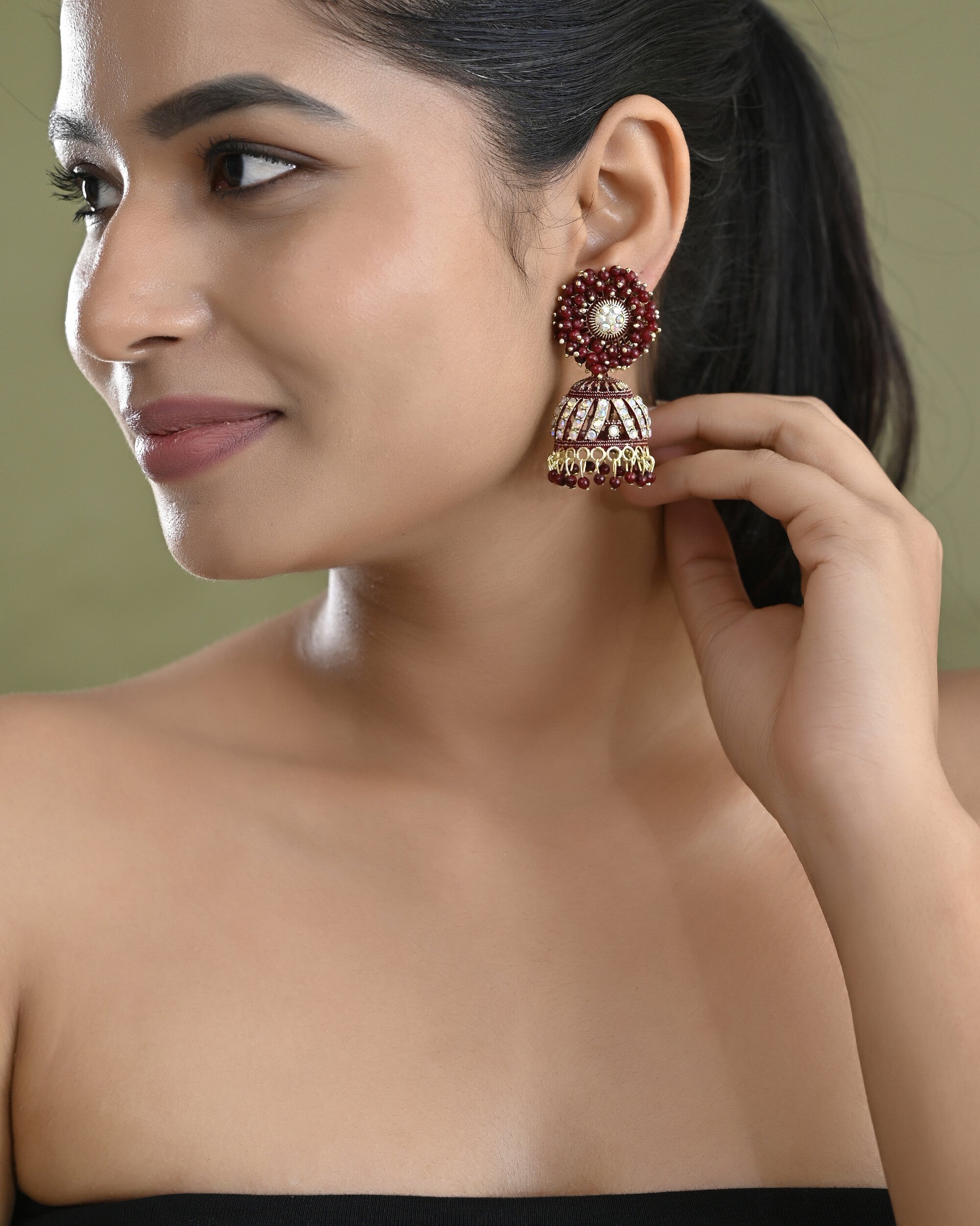 VOJ Marron Beads And Stone Studded Jhumka Earrings
