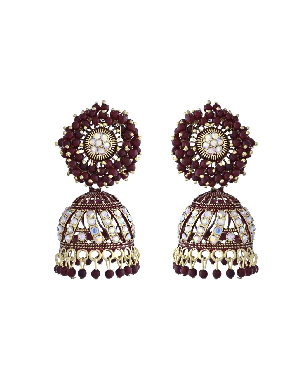 VOJ Marron Beads And Stone Studded Jhumka Earrings