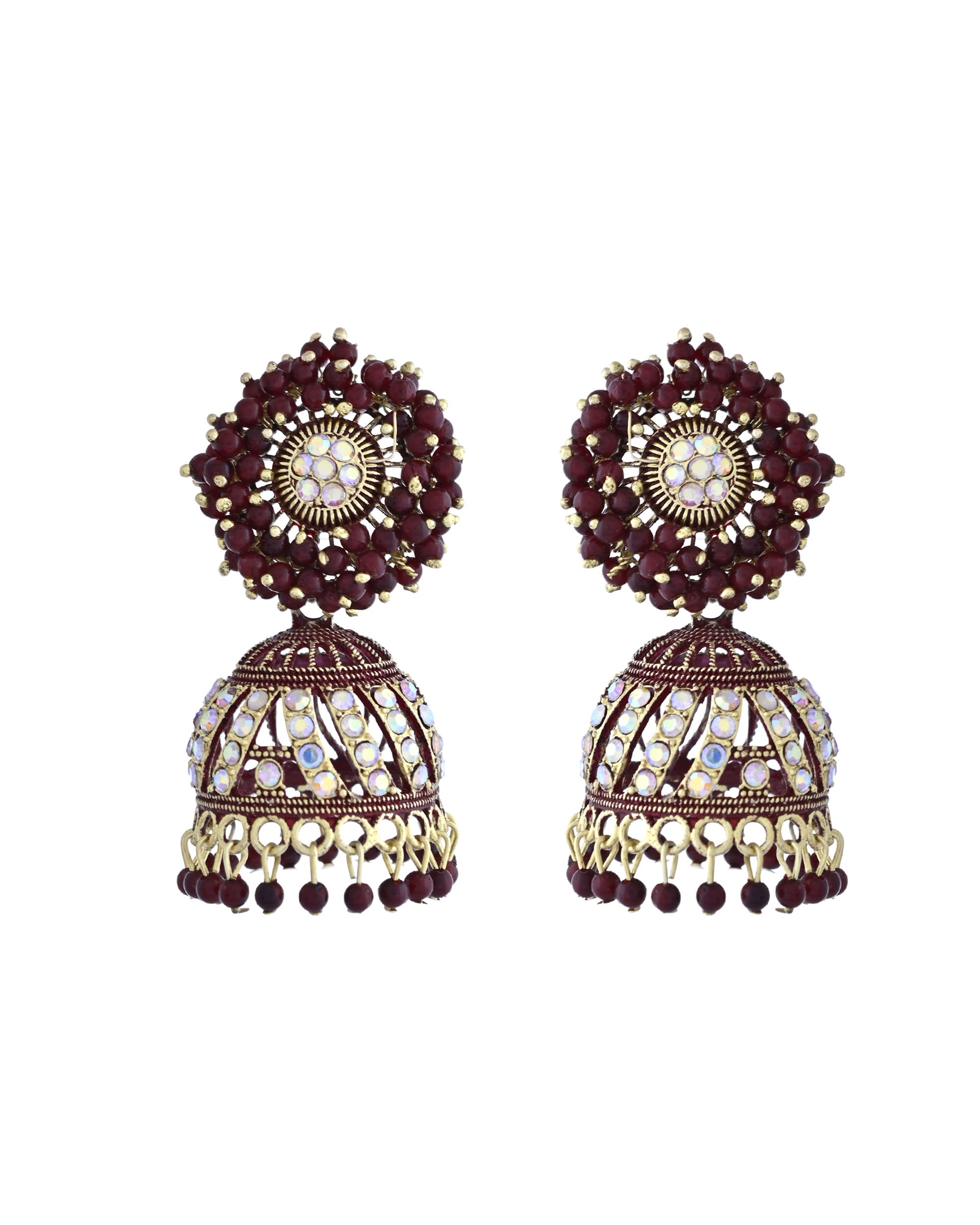 VOJ Marron Beads And Stone Studded Jhumka Earrings