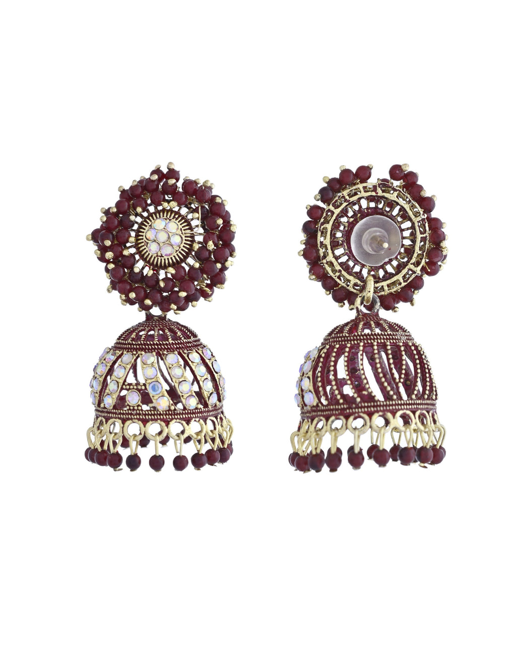 VOJ Marron Beads And Stone Studded Jhumka Earrings