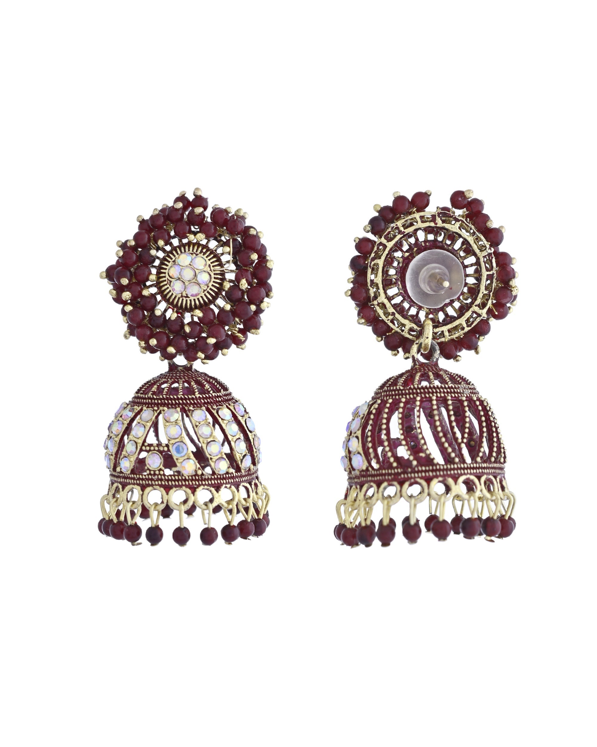 VOJ Marron Beads And Stone Studded Jhumka Earrings