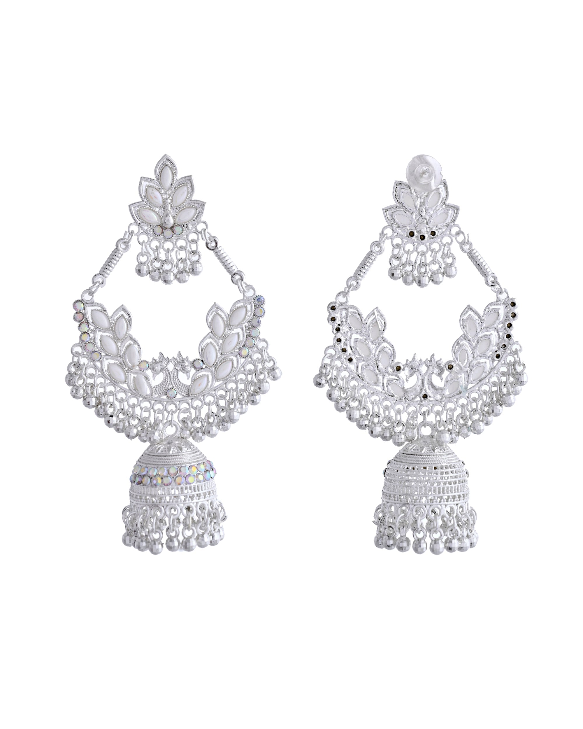 VOJ Stunning White Oxidized Chandbali with Stone And Peral Detailing Earrings