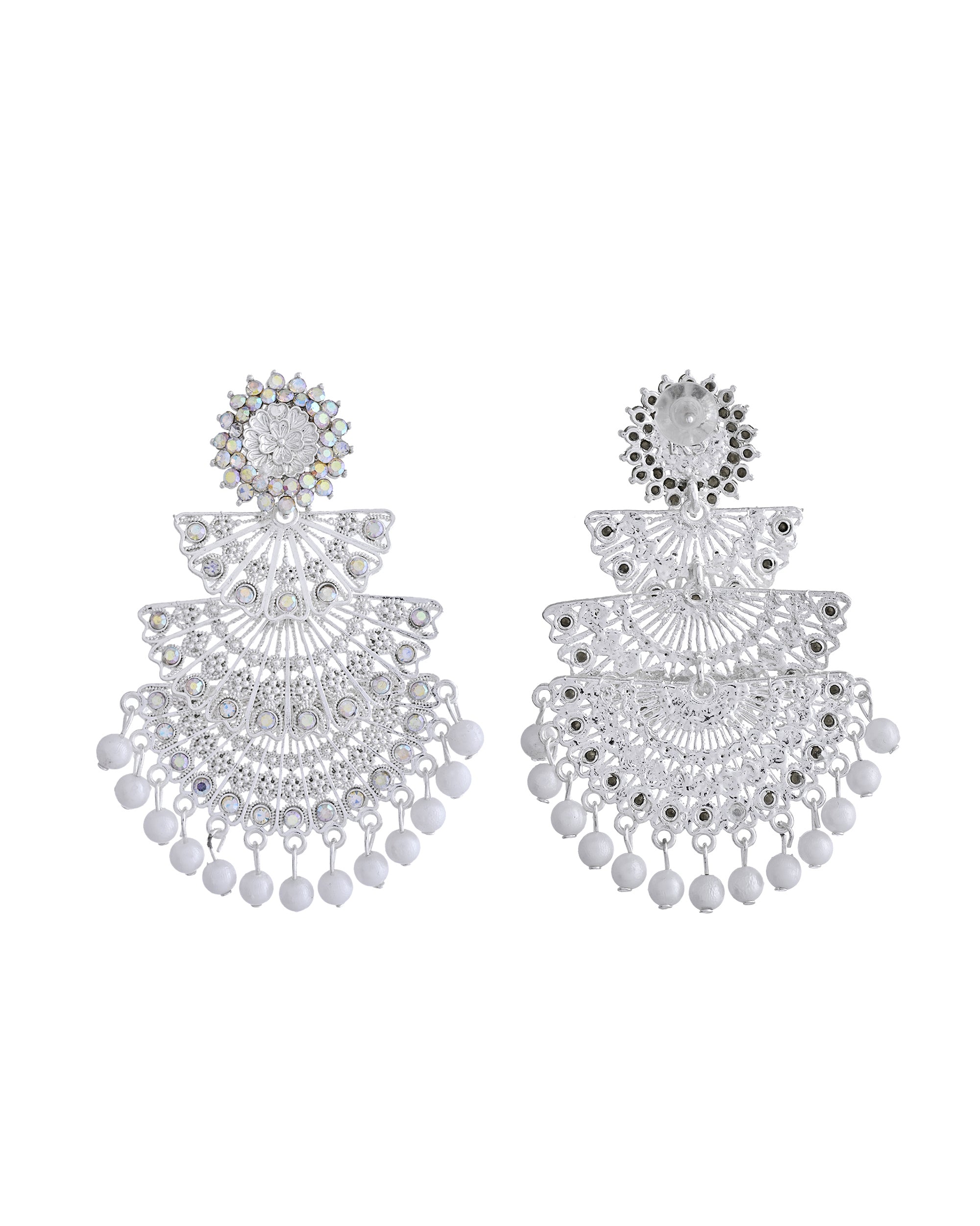 VOJ White Oxidized Multi Layered Stone Studded Earrings