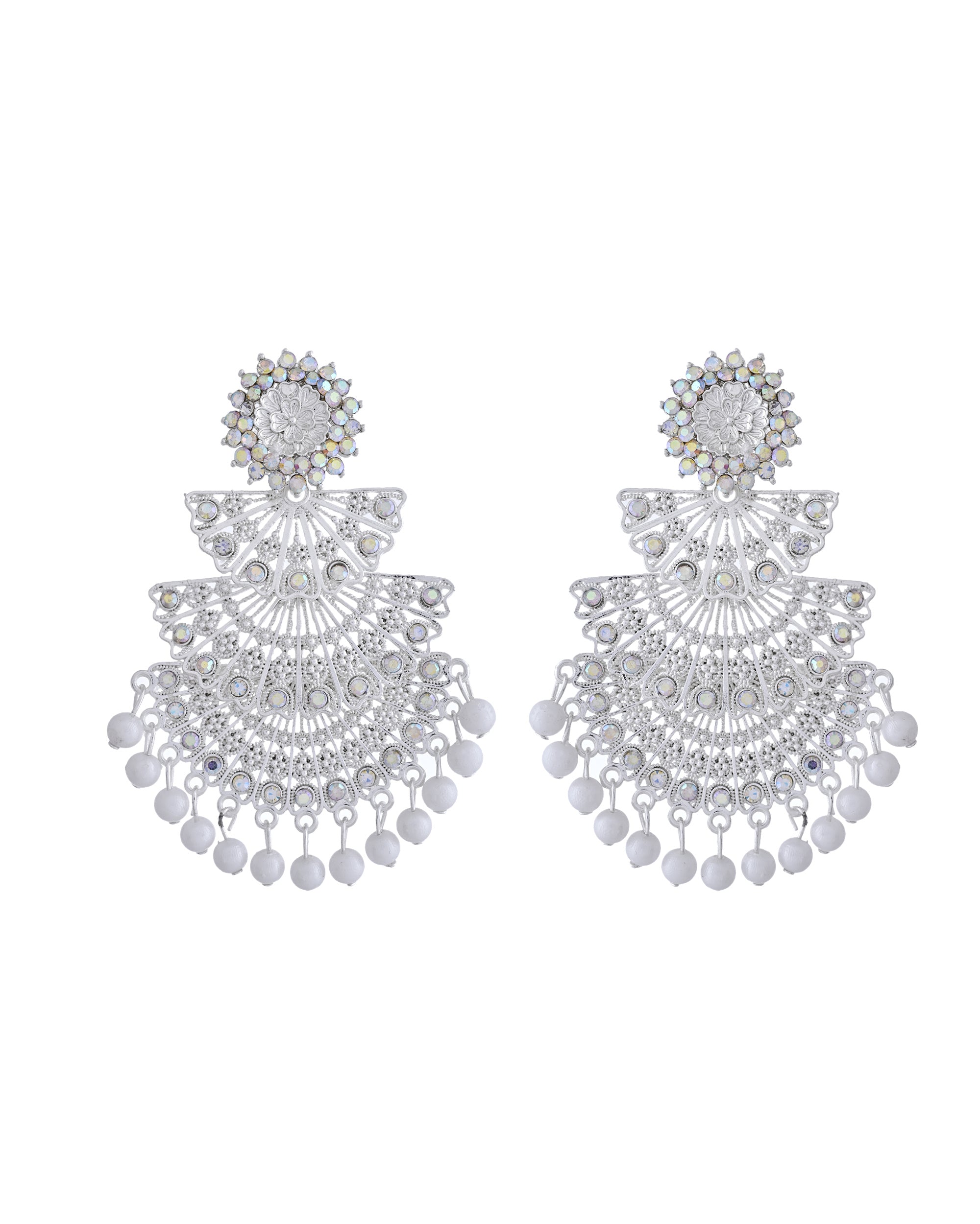 VOJ White Oxidized Multi Layered Stone Studded Earrings