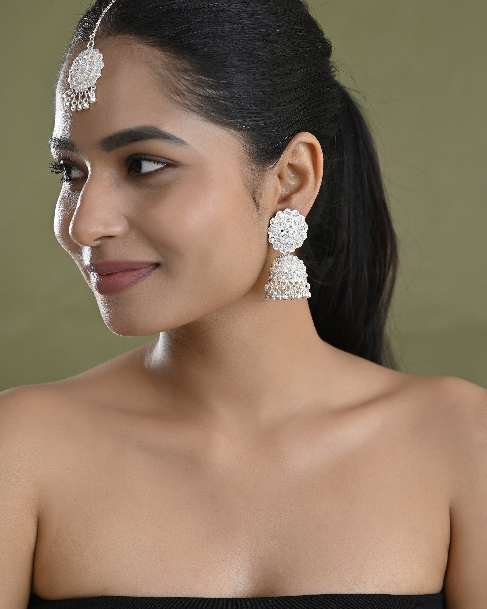 VOJ White Stone Studded Jhumkar Earrings With Maang Tikka