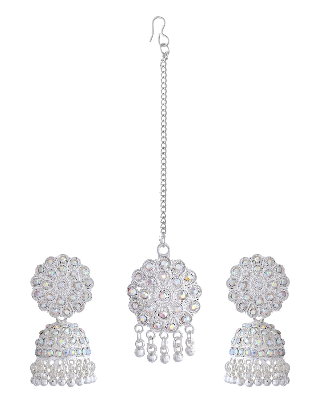 VOJ White Stone Studded Jhumkar Earrings With Maang Tikka