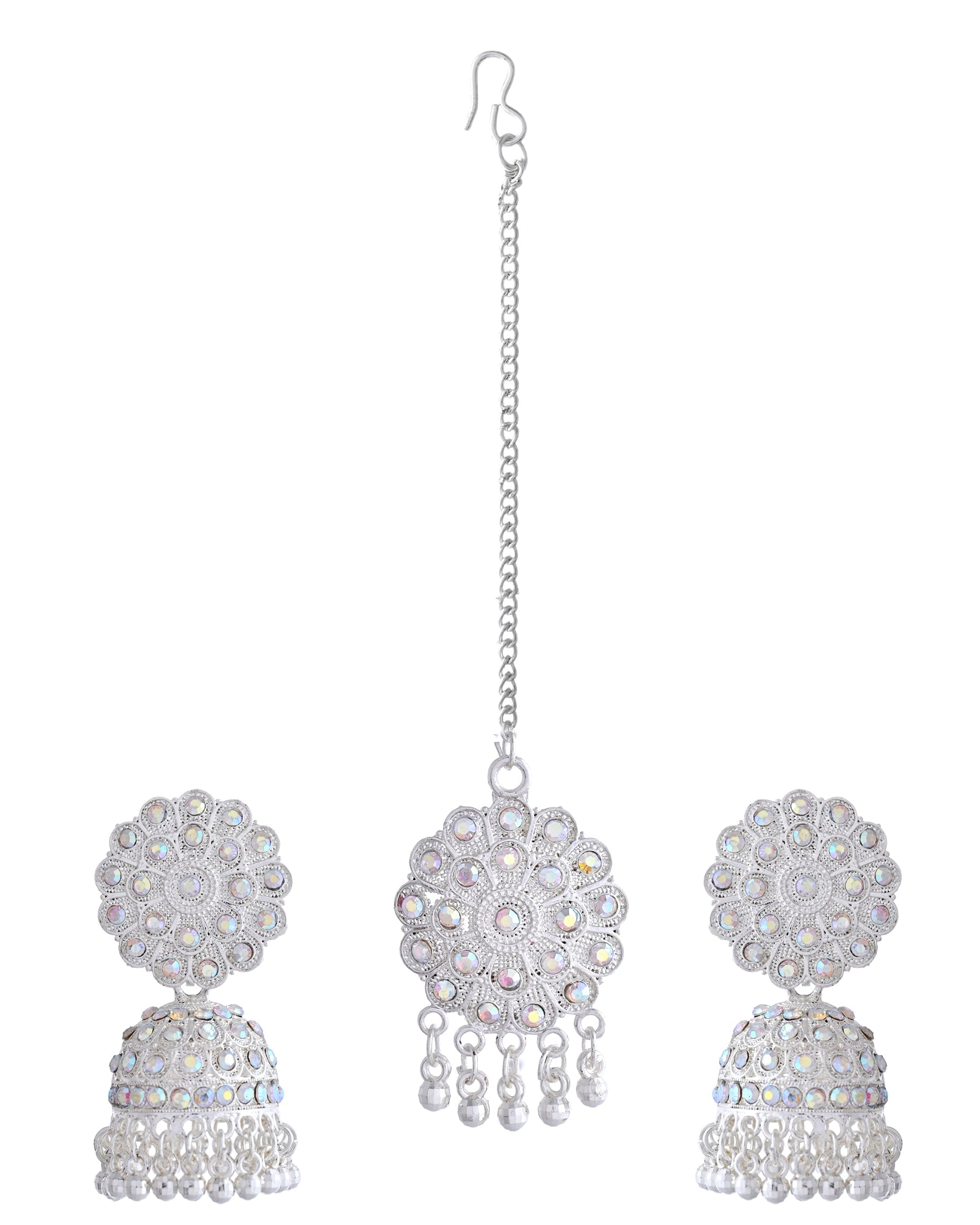 VOJ White Stone Studded Jhumkar Earrings With Maang Tikka