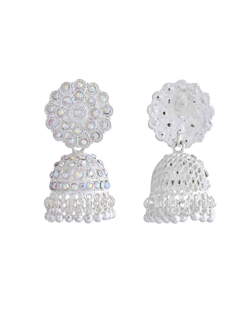 VOJ White Stone Studded Jhumkar Earrings With Maang Tikka