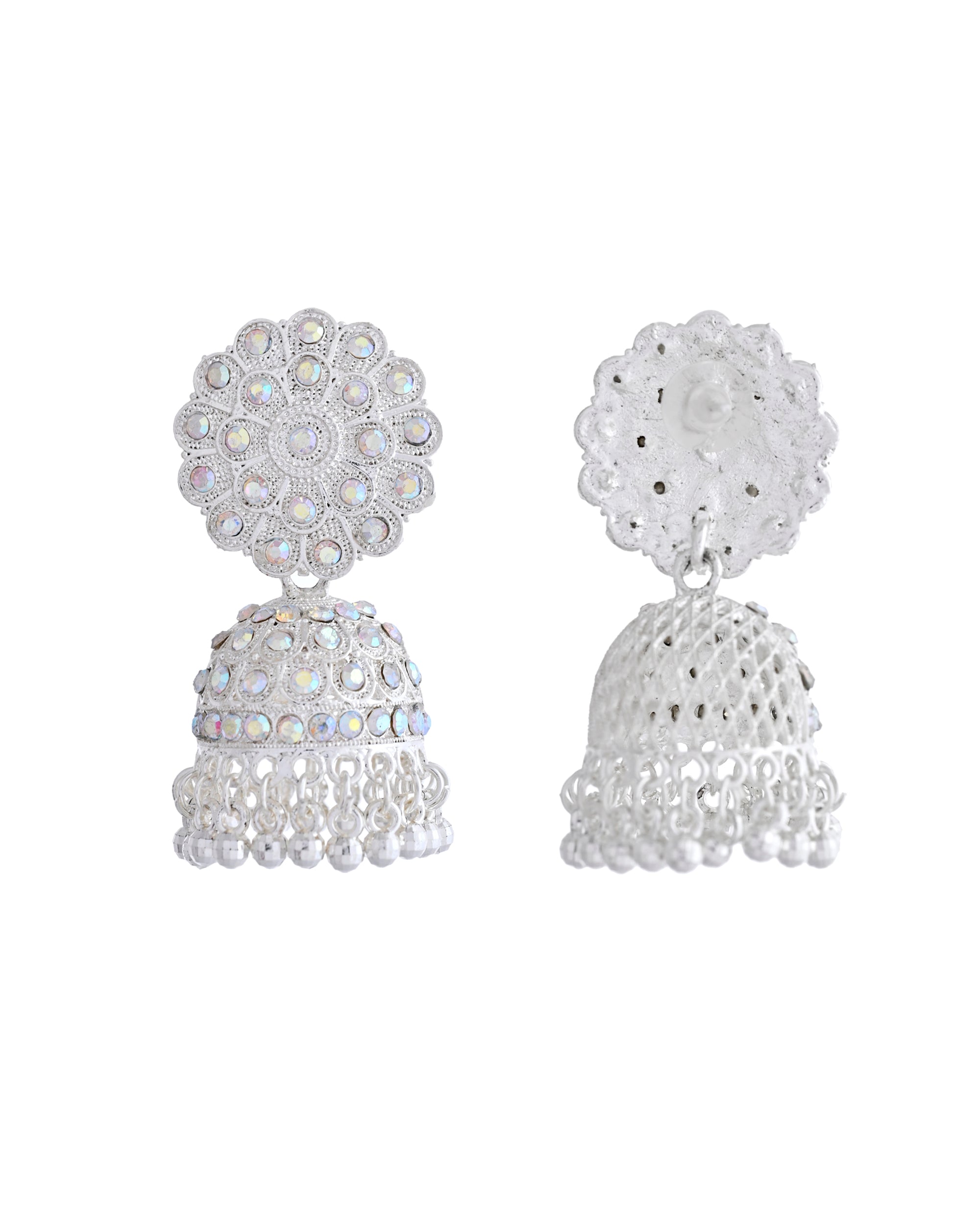 VOJ White Stone Studded Jhumkar Earrings With Maang Tikka