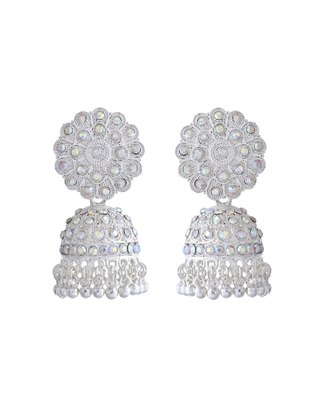 VOJ White Stone Studded Jhumkar Earrings With Maang Tikka