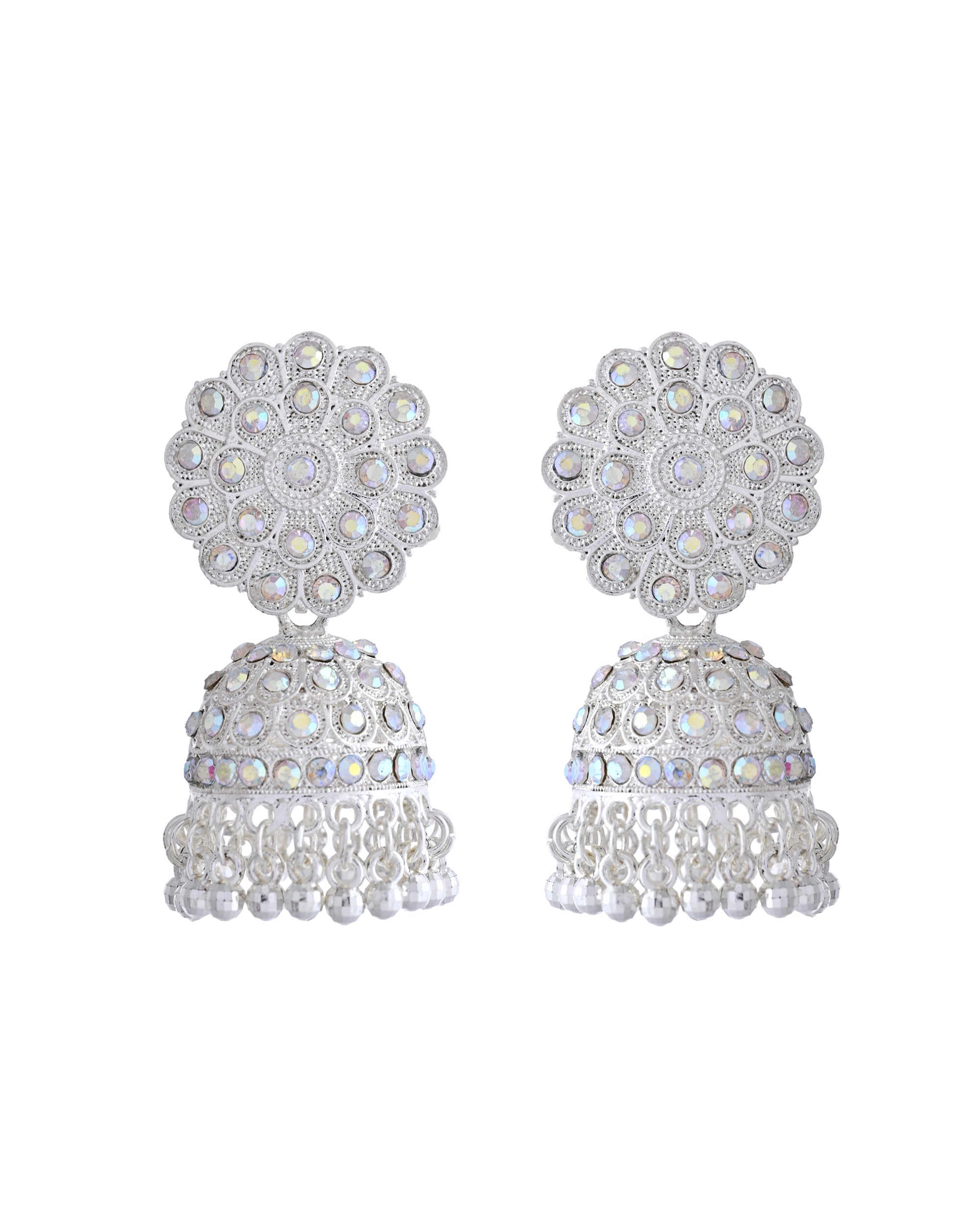 VOJ White Stone Studded Jhumkar Earrings With Maang Tikka