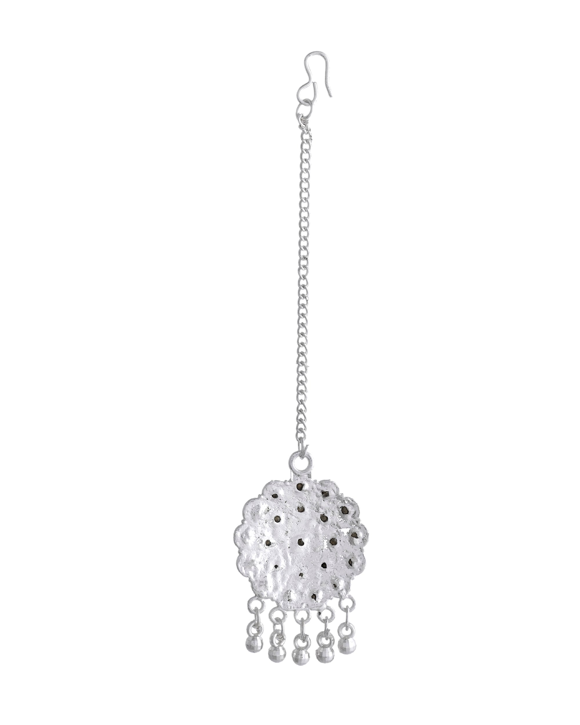 VOJ White Stone Studded Jhumkar Earrings With Maang Tikka