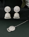 VOJ White Stone Studded Jhumkar Earrings With Maang Tikka