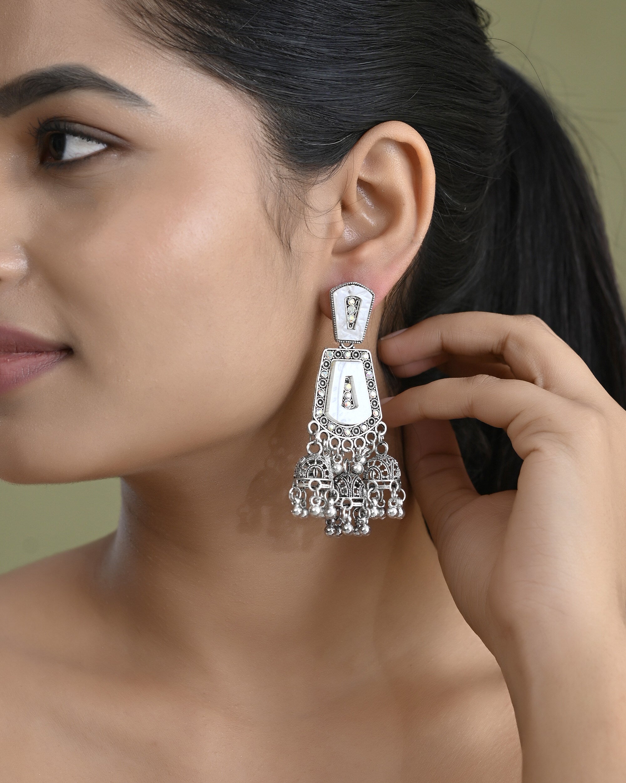 VOJ Silver Plated Moon Stone Studded Elegent Earrings