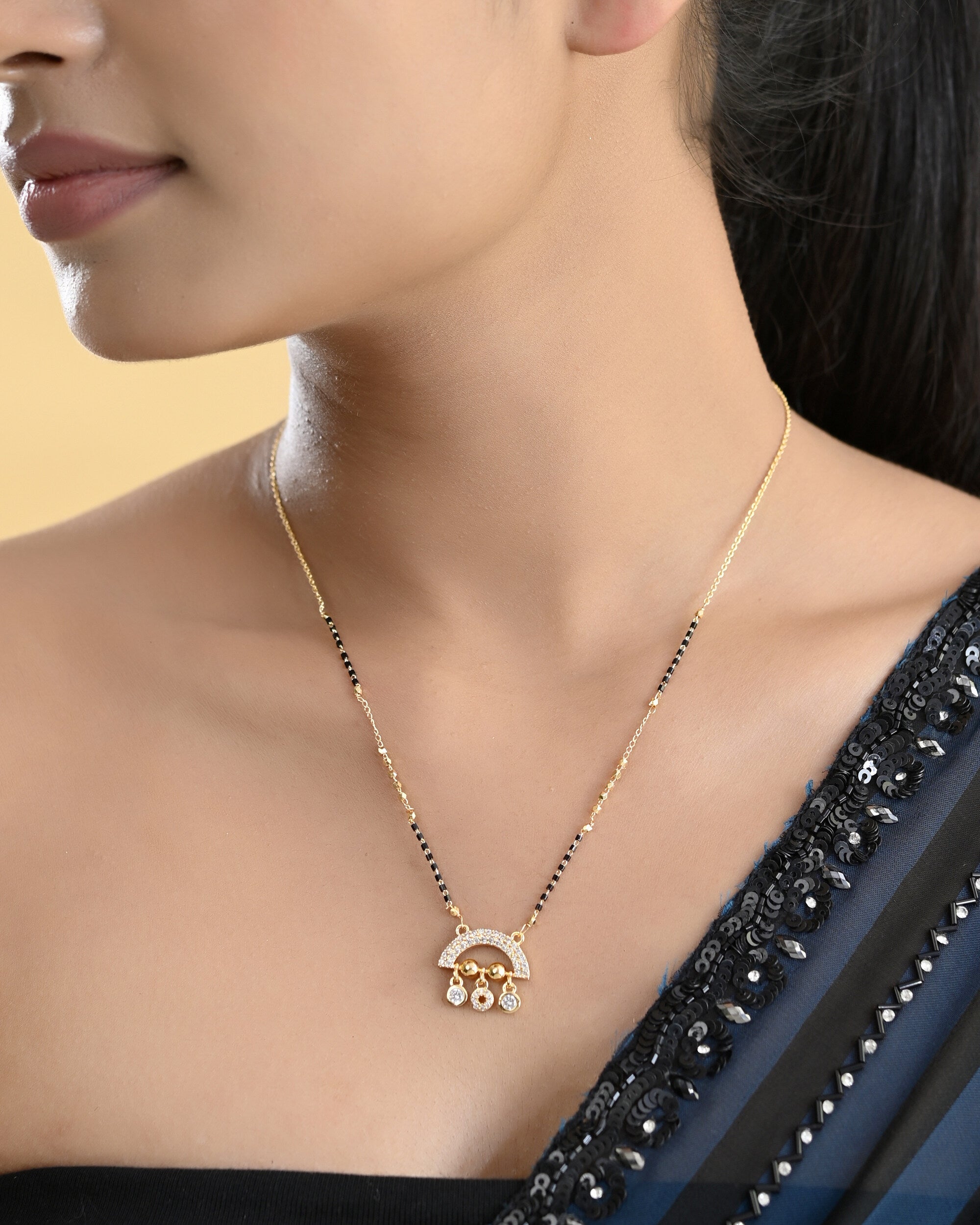 VOJ Gold-Polished AD Studded Half Done Shape Mangalsutra