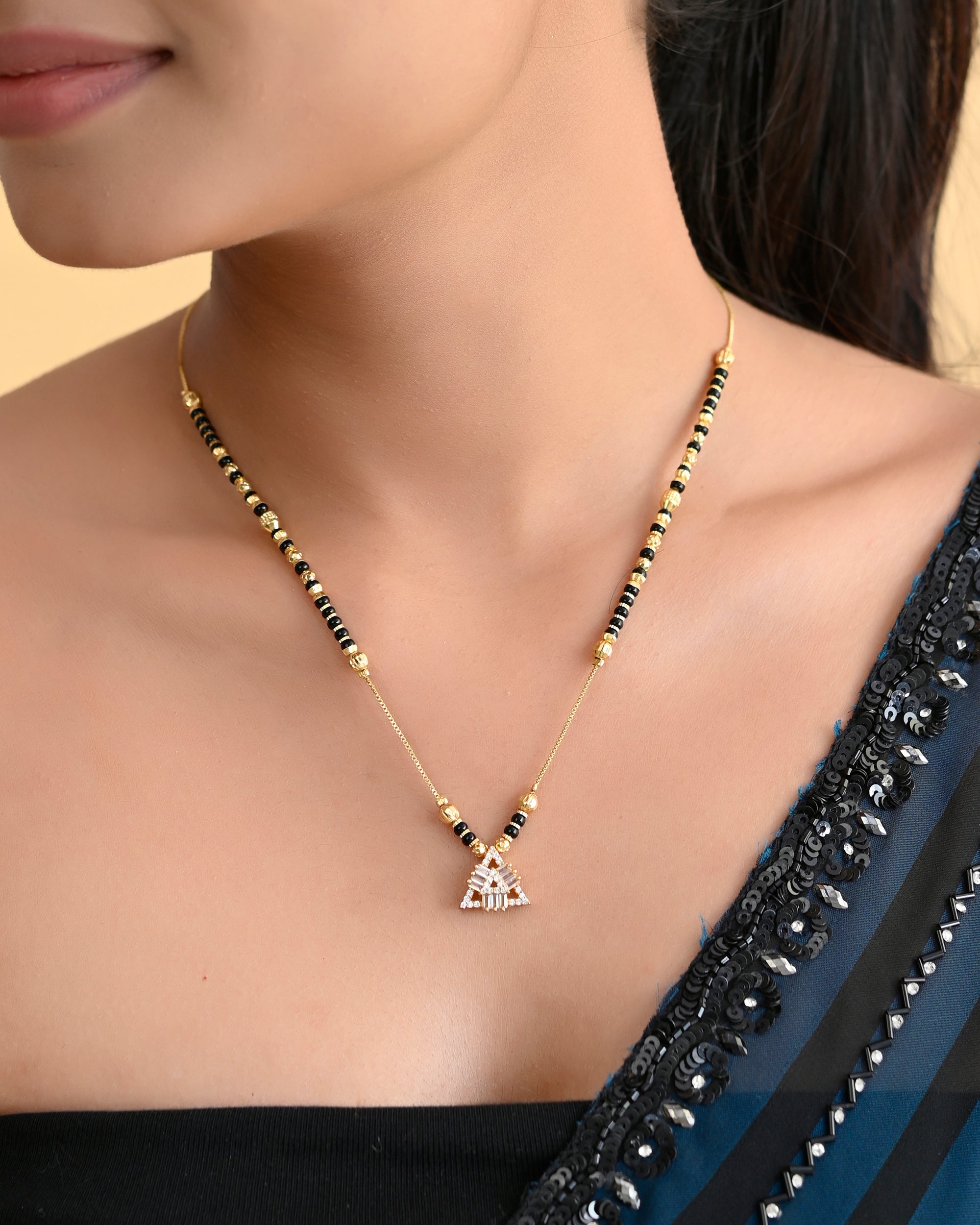 VOJ Gold-Polished Stone Studded Triangular Shaped Mangalsutra