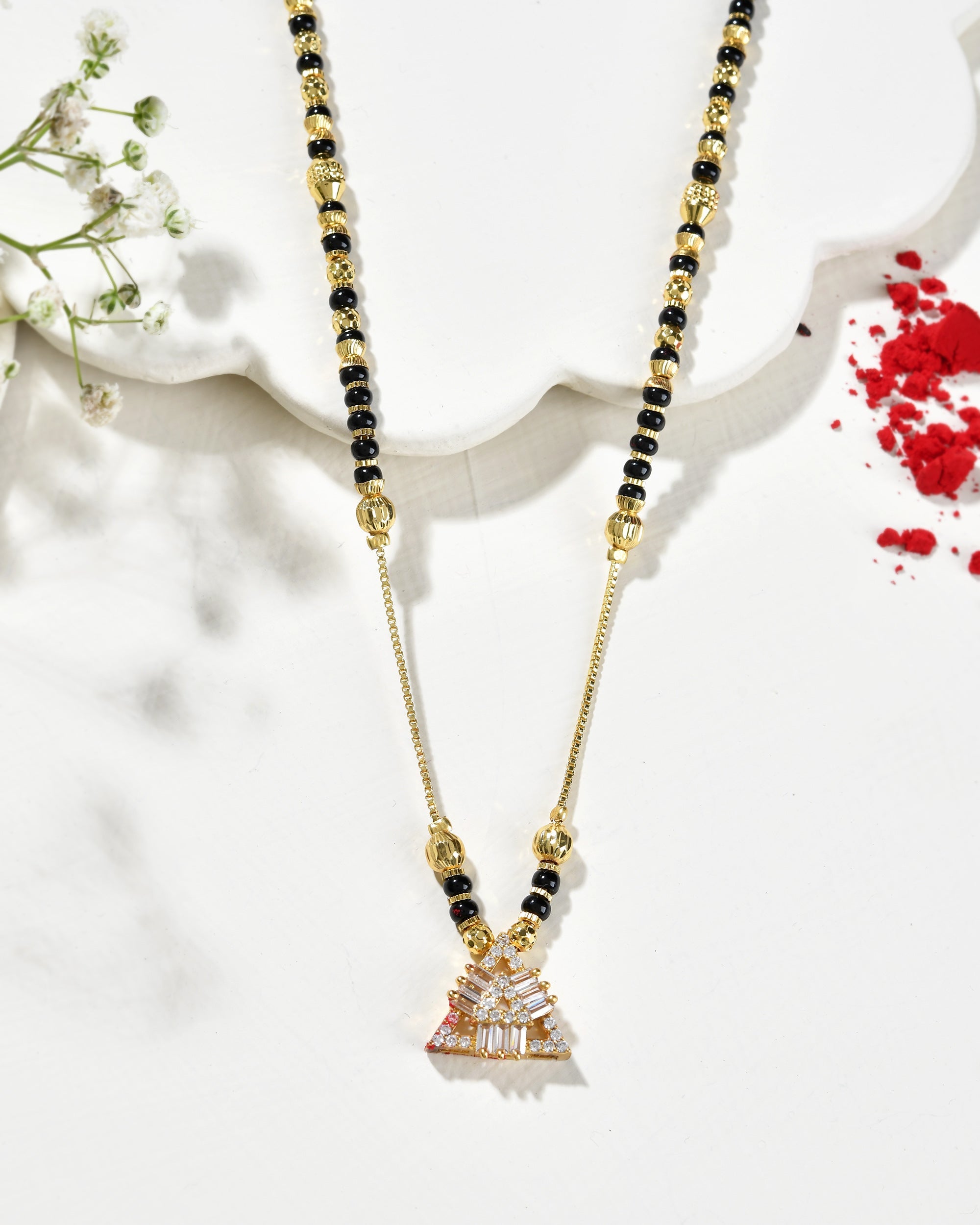 VOJ Gold-Polished Stone Studded Triangular Shaped Mangalsutra