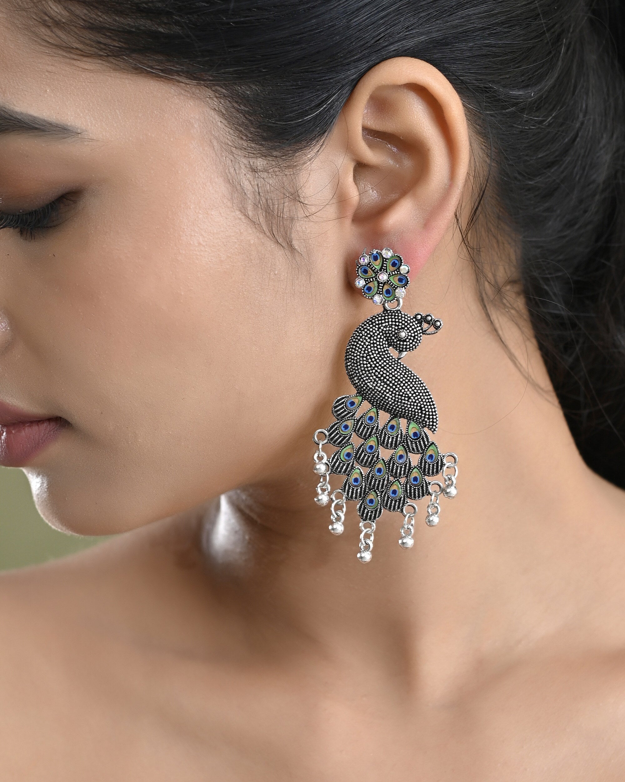 VOJ Silver Plated Oxidized Peacock Shaped Long Earrings