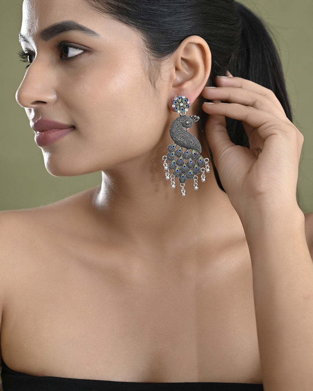 VOJ Silver Plated Oxidized Peacock Shaped Long Earrings