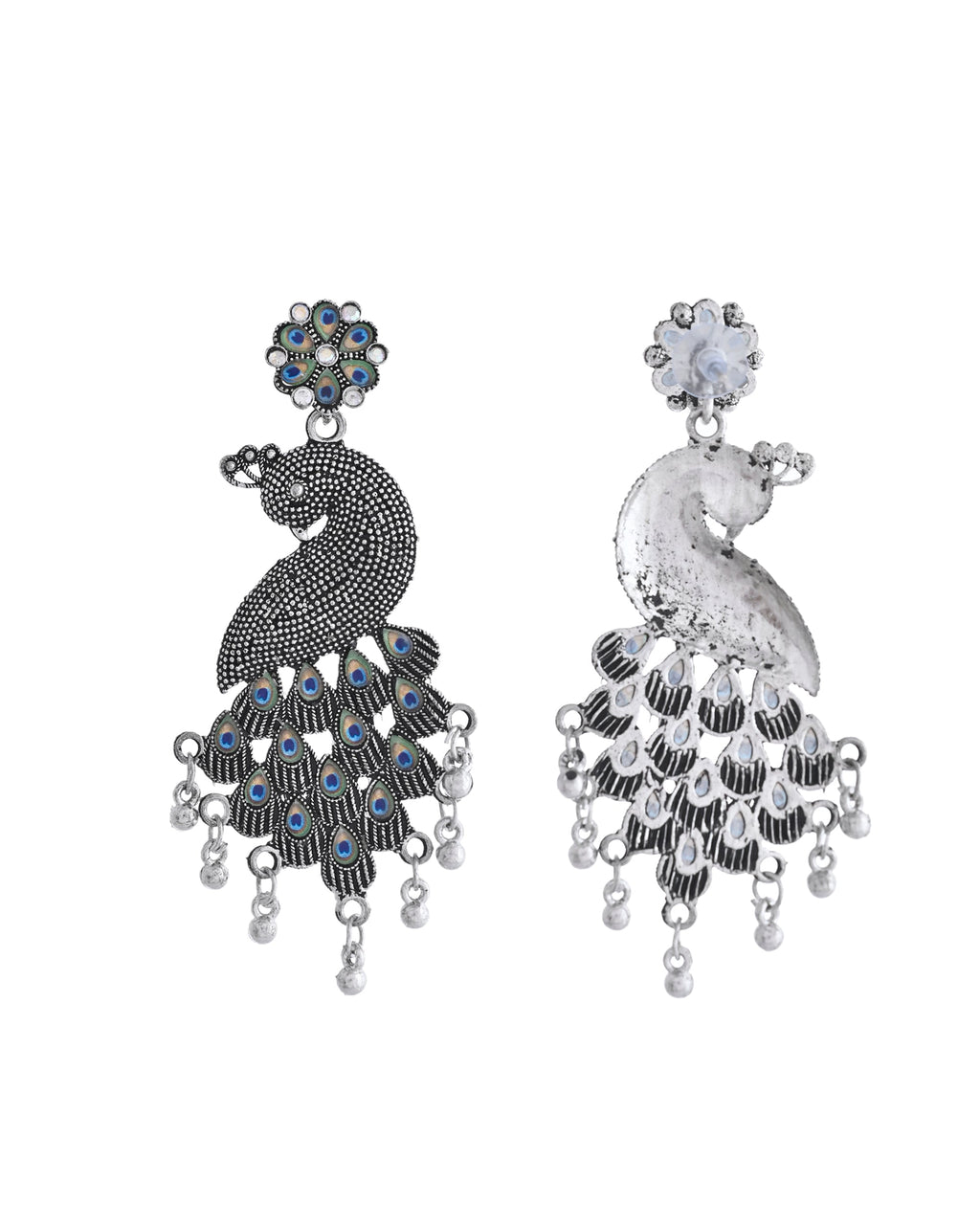 VOJ Silver Plated Oxidized Peacock Shaped Long Earrings