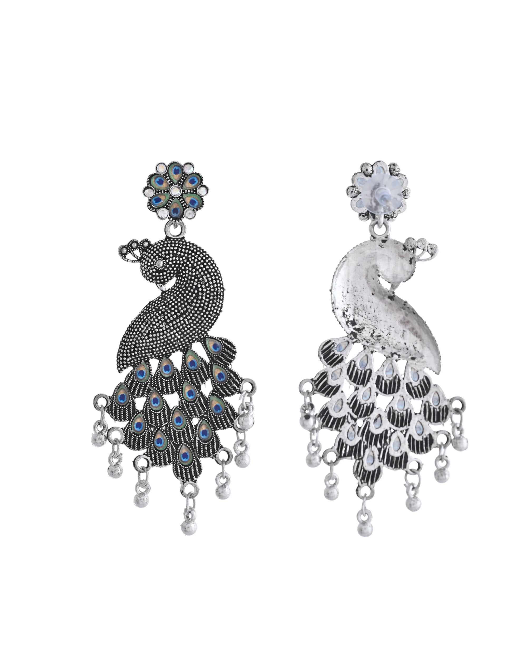 VOJ Silver Plated Oxidized Peacock Shaped Long Earrings