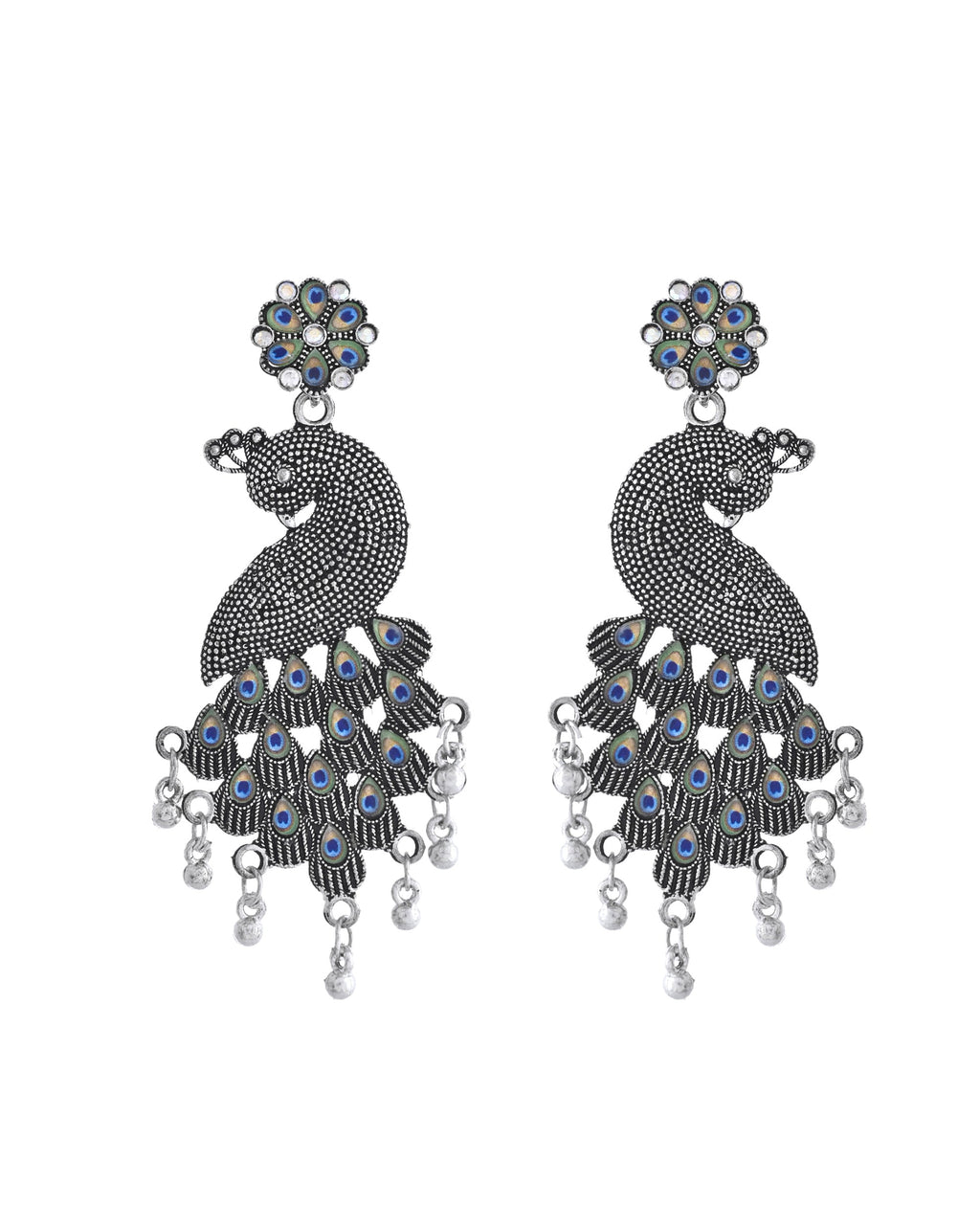 VOJ Silver Plated Oxidized Peacock Shaped Long Earrings
