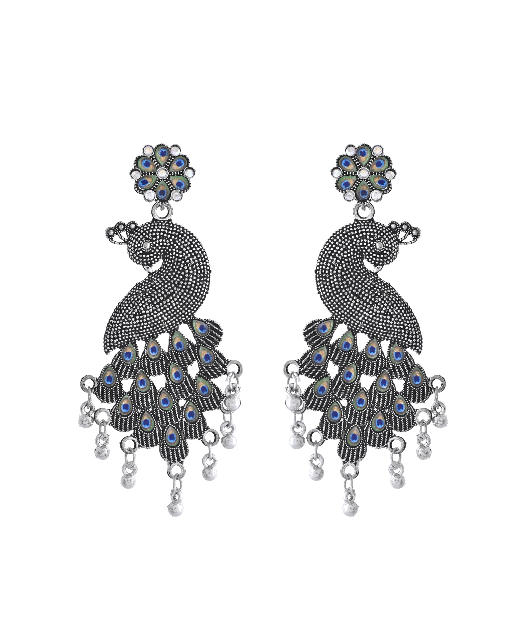 VOJ Silver Plated Oxidized Peacock Shaped Long Earrings