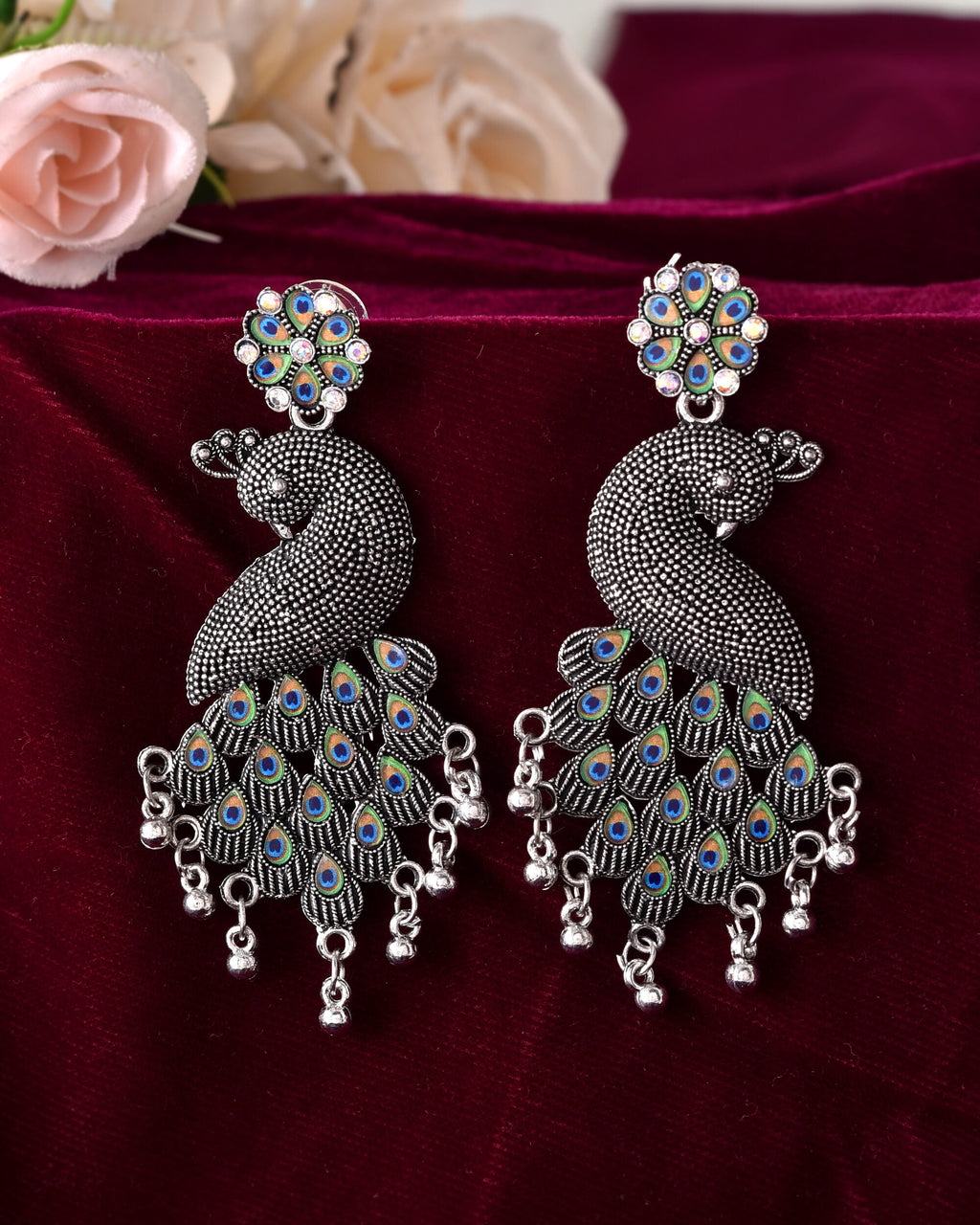VOJ Silver Plated Oxidized Peacock Shaped Long Earrings