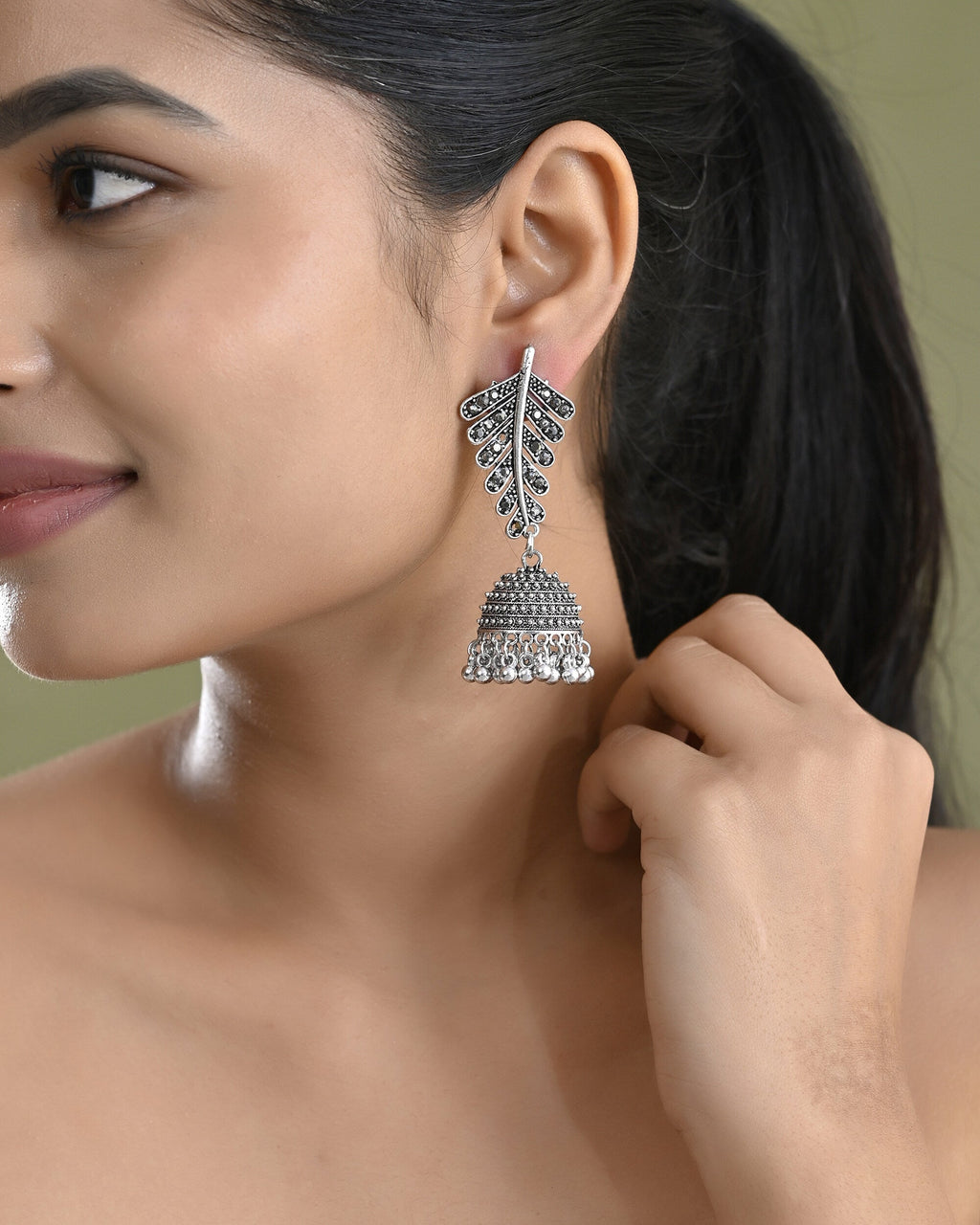 VOJ Silver Plated Oxidized Stone Studded Leaf Shaped Long Earrings