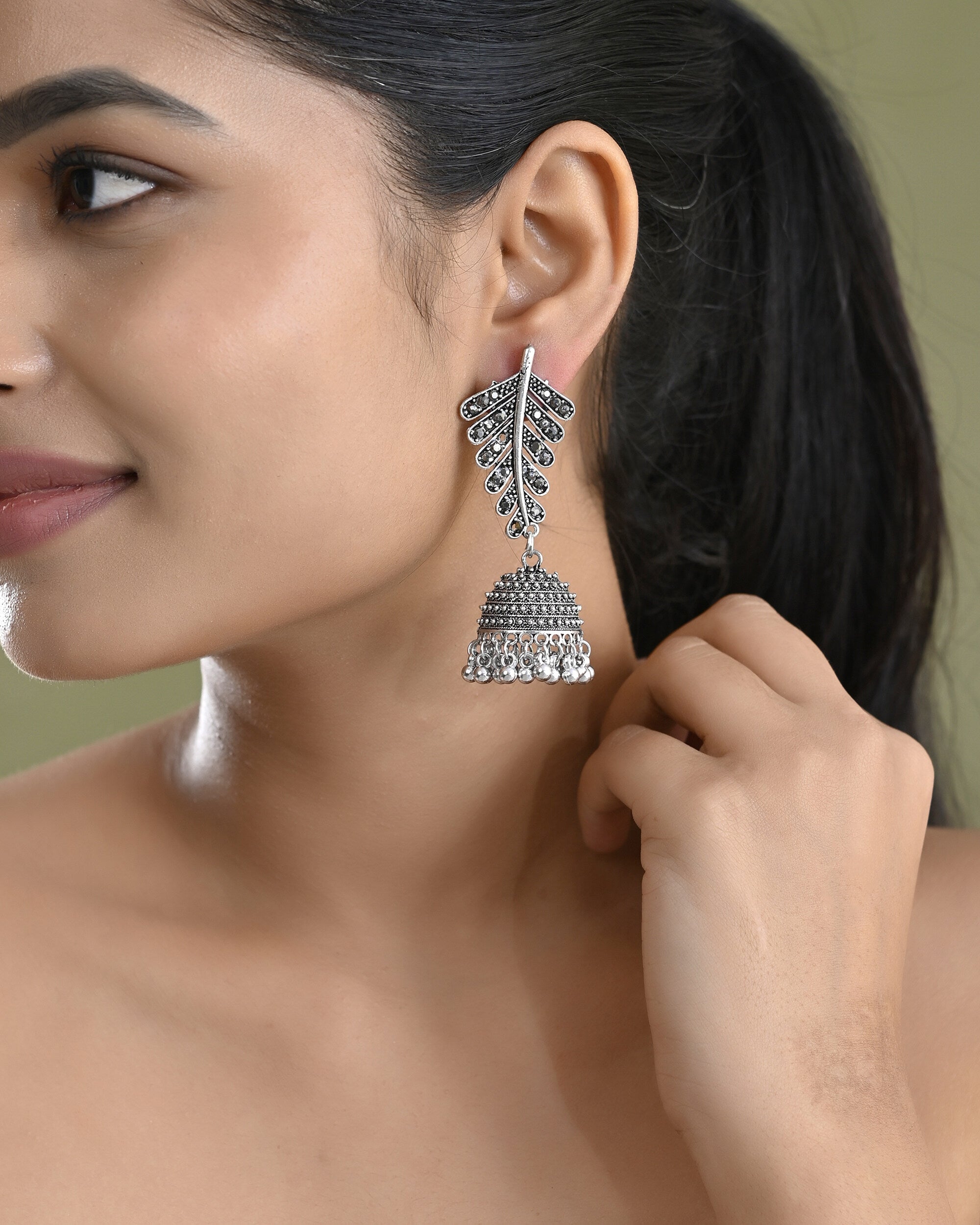 VOJ Silver Plated Oxidized Stone Studded Leaf Shaped Long Earrings