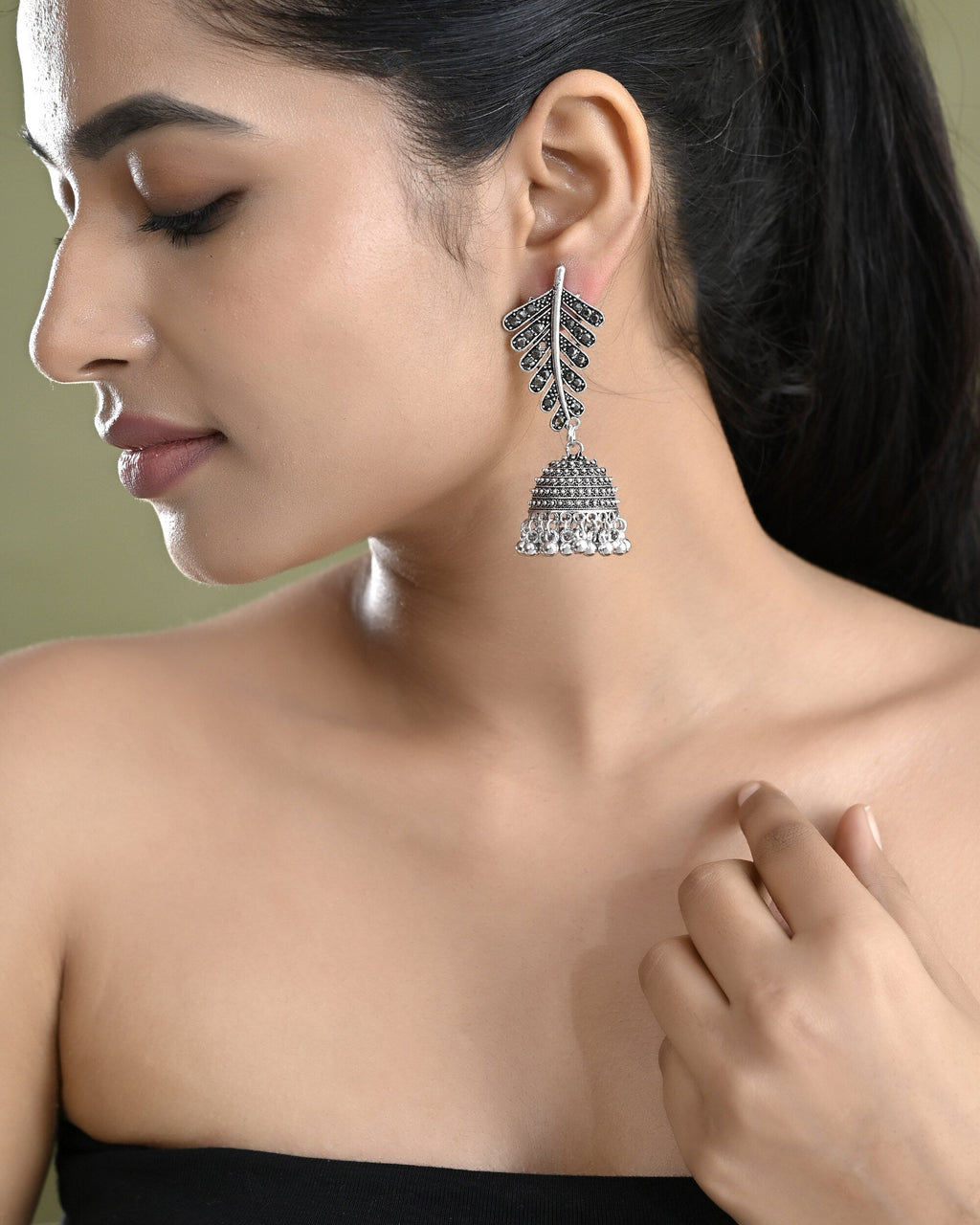 VOJ Silver Plated Oxidized Stone Studded Leaf Shaped Long Earrings