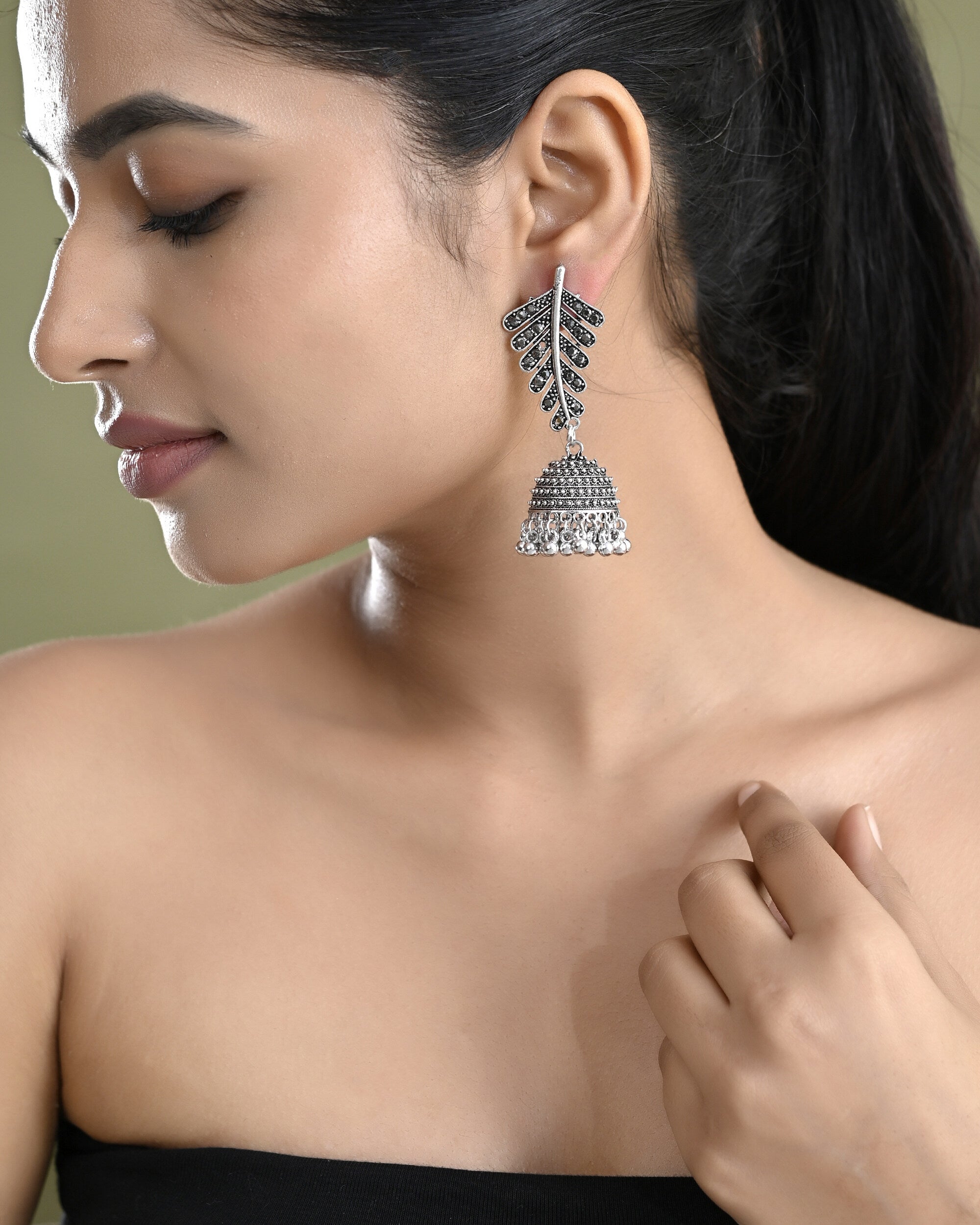 VOJ Silver Plated Oxidized Stone Studded Leaf Shaped Long Earrings