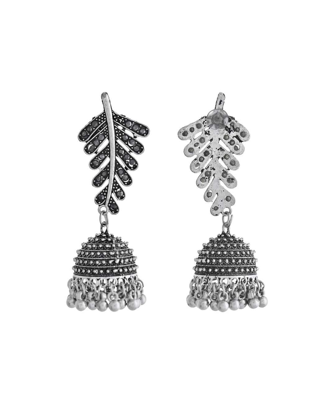 VOJ Silver Plated Oxidized Stone Studded Leaf Shaped Long Earrings
