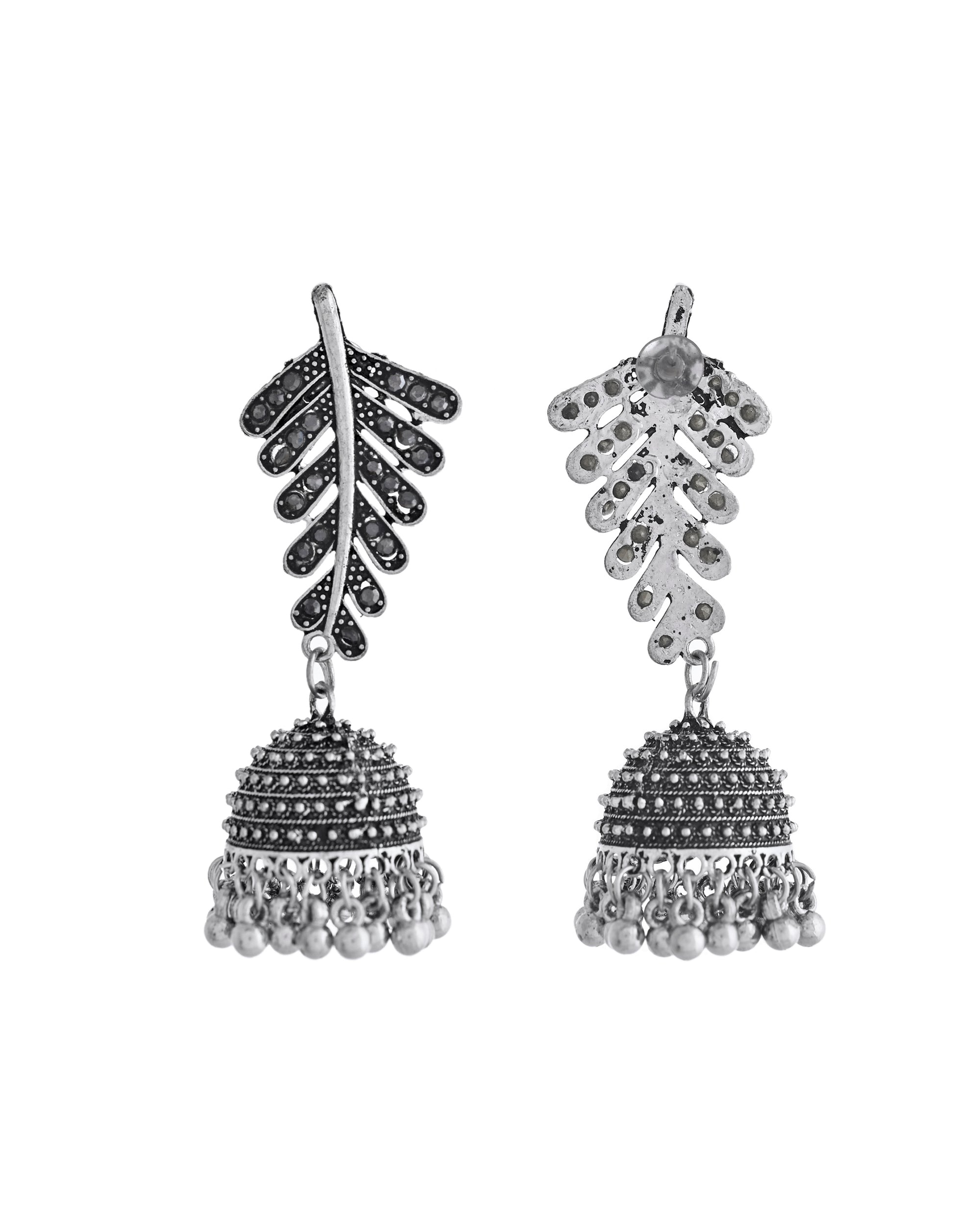 VOJ Silver Plated Oxidized Stone Studded Leaf Shaped Long Earrings