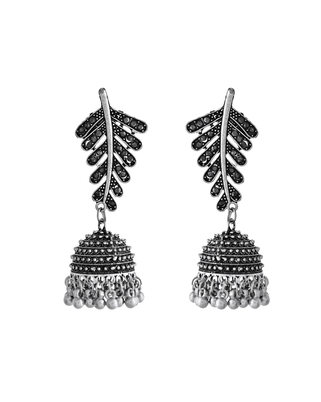 VOJ Silver Plated Oxidized Stone Studded Leaf Shaped Long Earrings