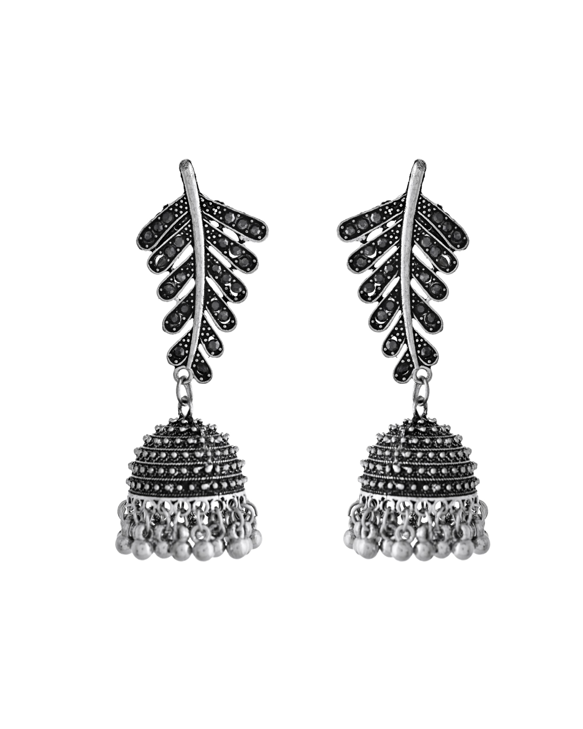 VOJ Silver Plated Oxidized Stone Studded Leaf Shaped Long Earrings