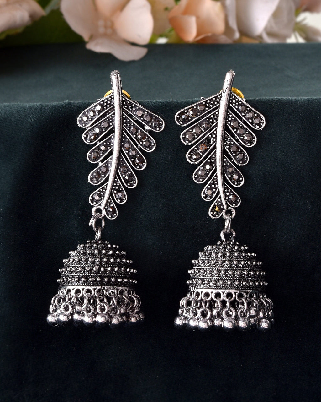 VOJ Silver Plated Oxidized Stone Studded Leaf Shaped Long Earrings