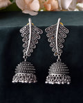 VOJ Silver Plated Oxidized Stone Studded Leaf Shaped Long Earrings