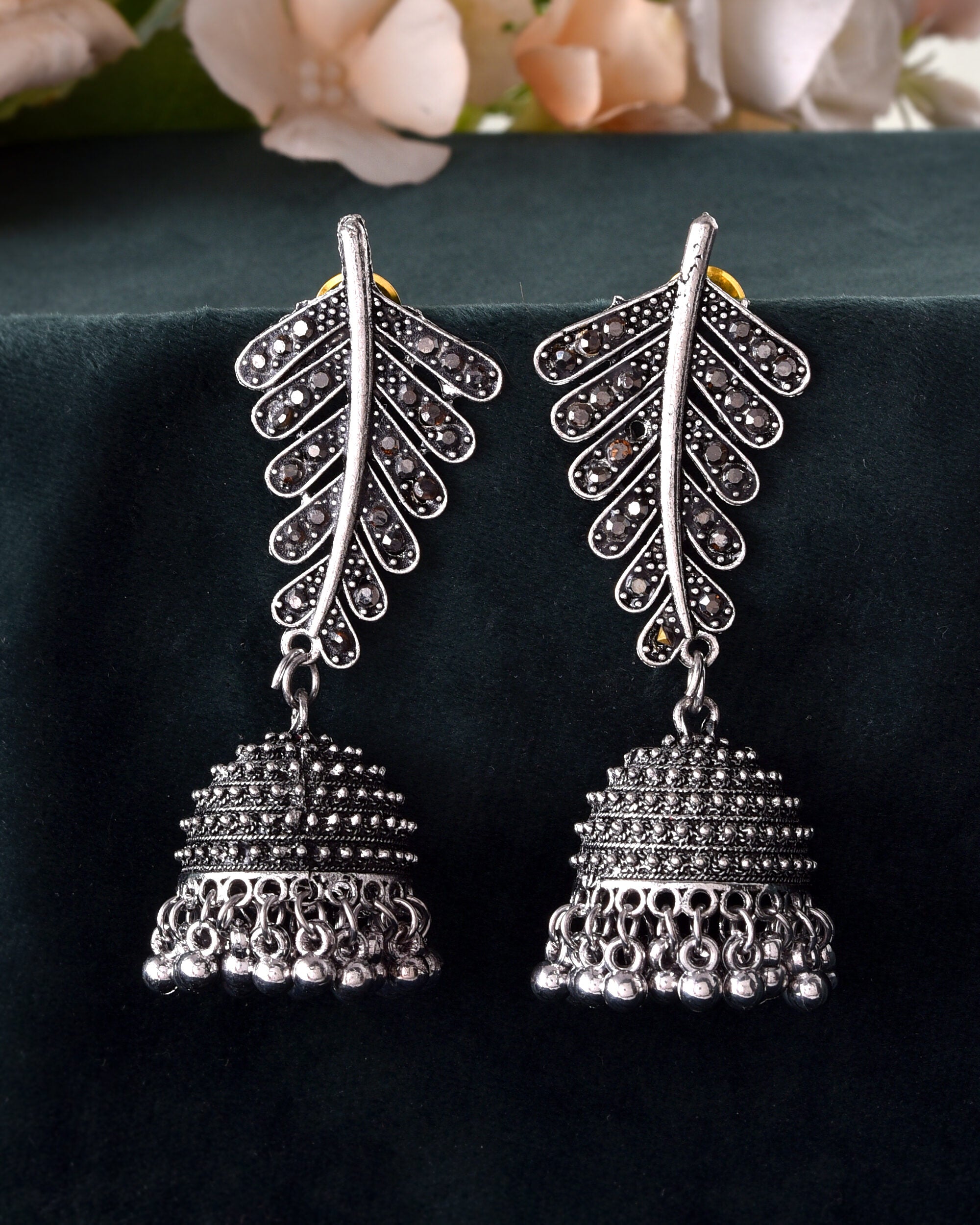 VOJ Silver Plated Oxidized Stone Studded Leaf Shaped Long Earrings