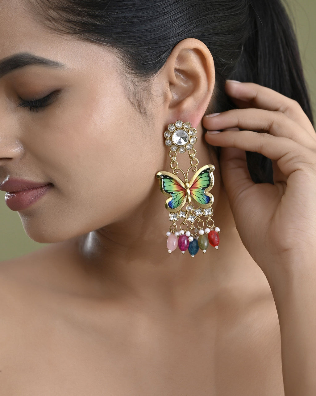 VOJ Gold Toned Multi colour Butterfly Shaped Long Earrings