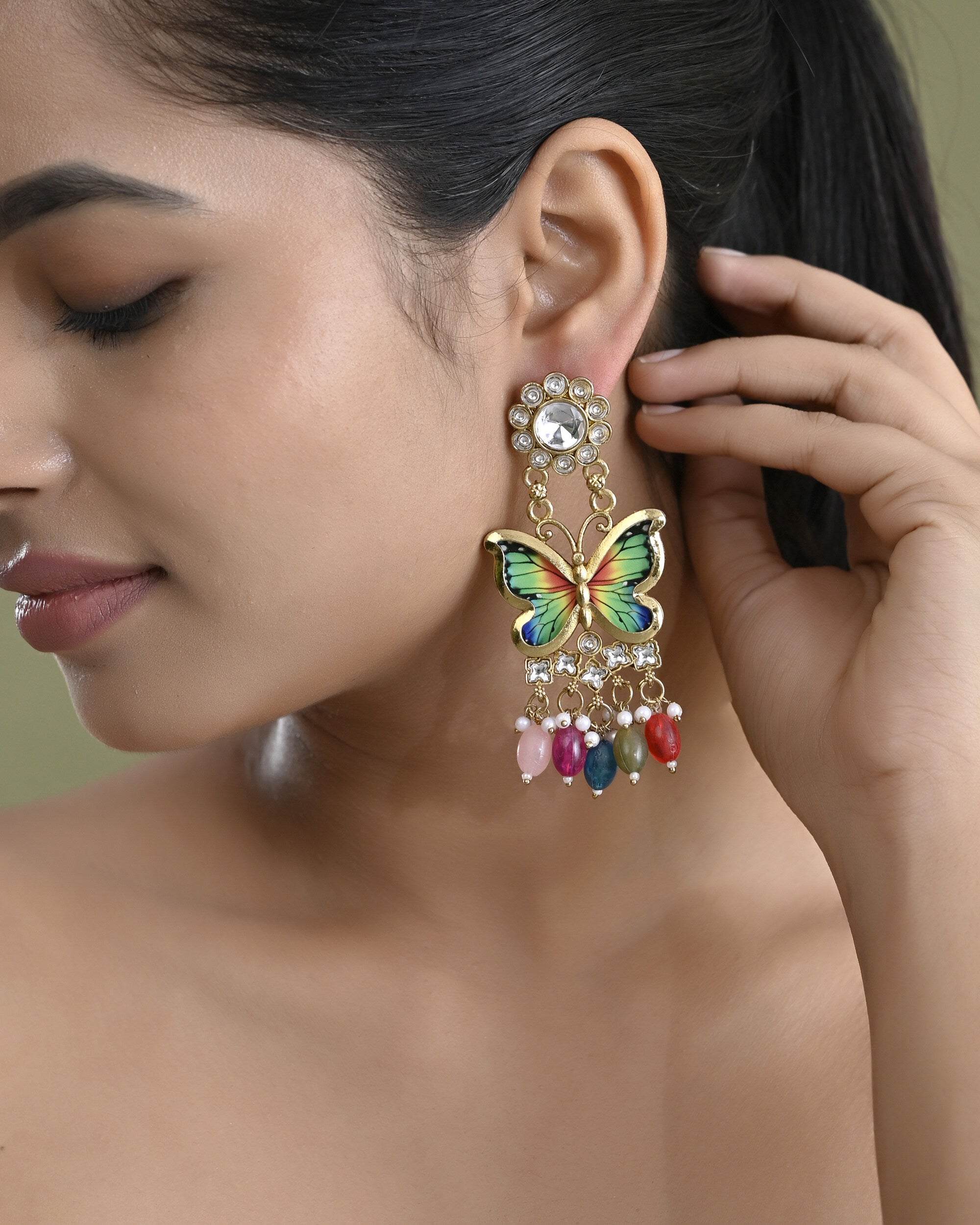 VOJ Gold Toned Multi colour Butterfly Shaped Long Earrings