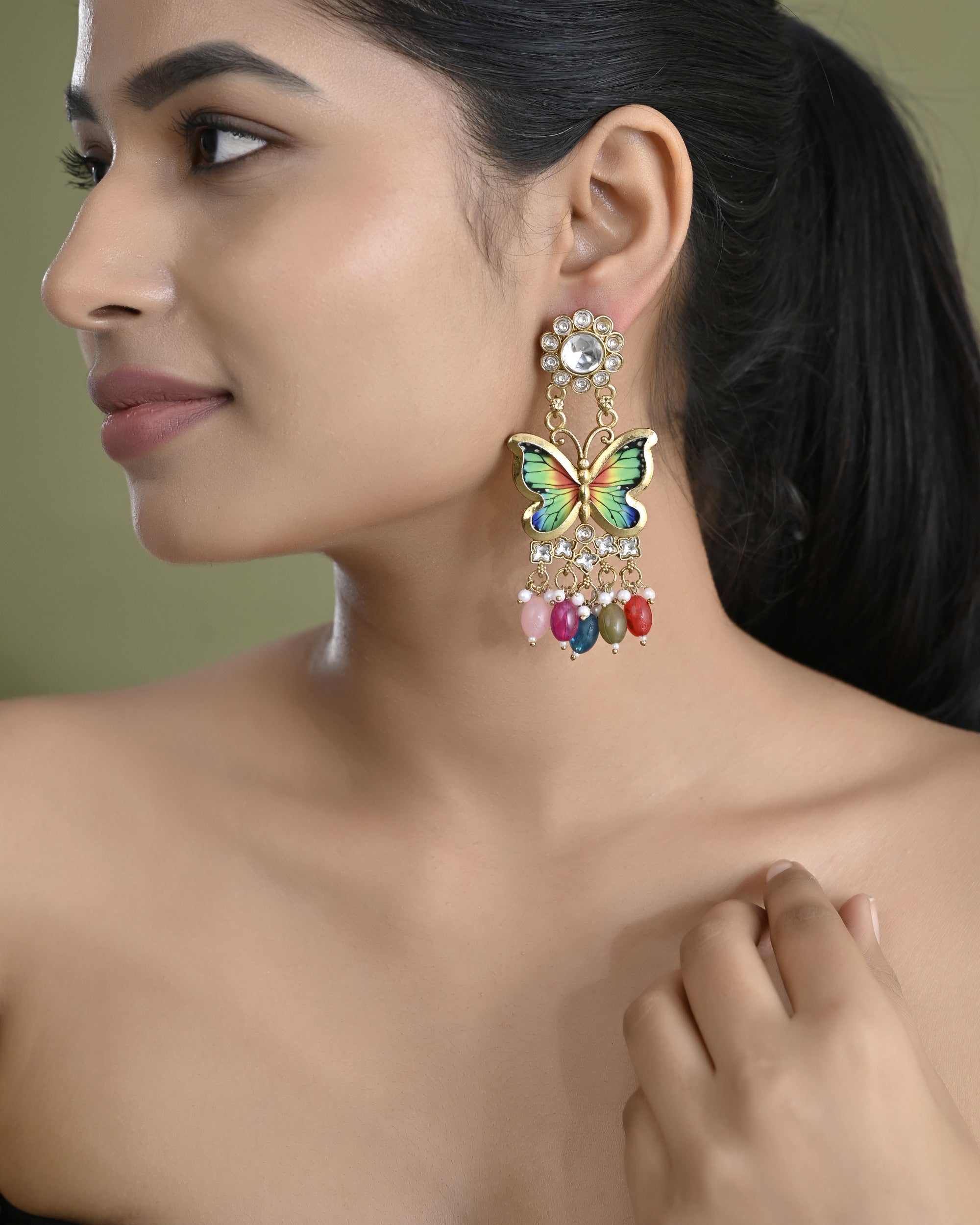 VOJ Gold Toned Multi colour Butterfly Shaped Long Earrings