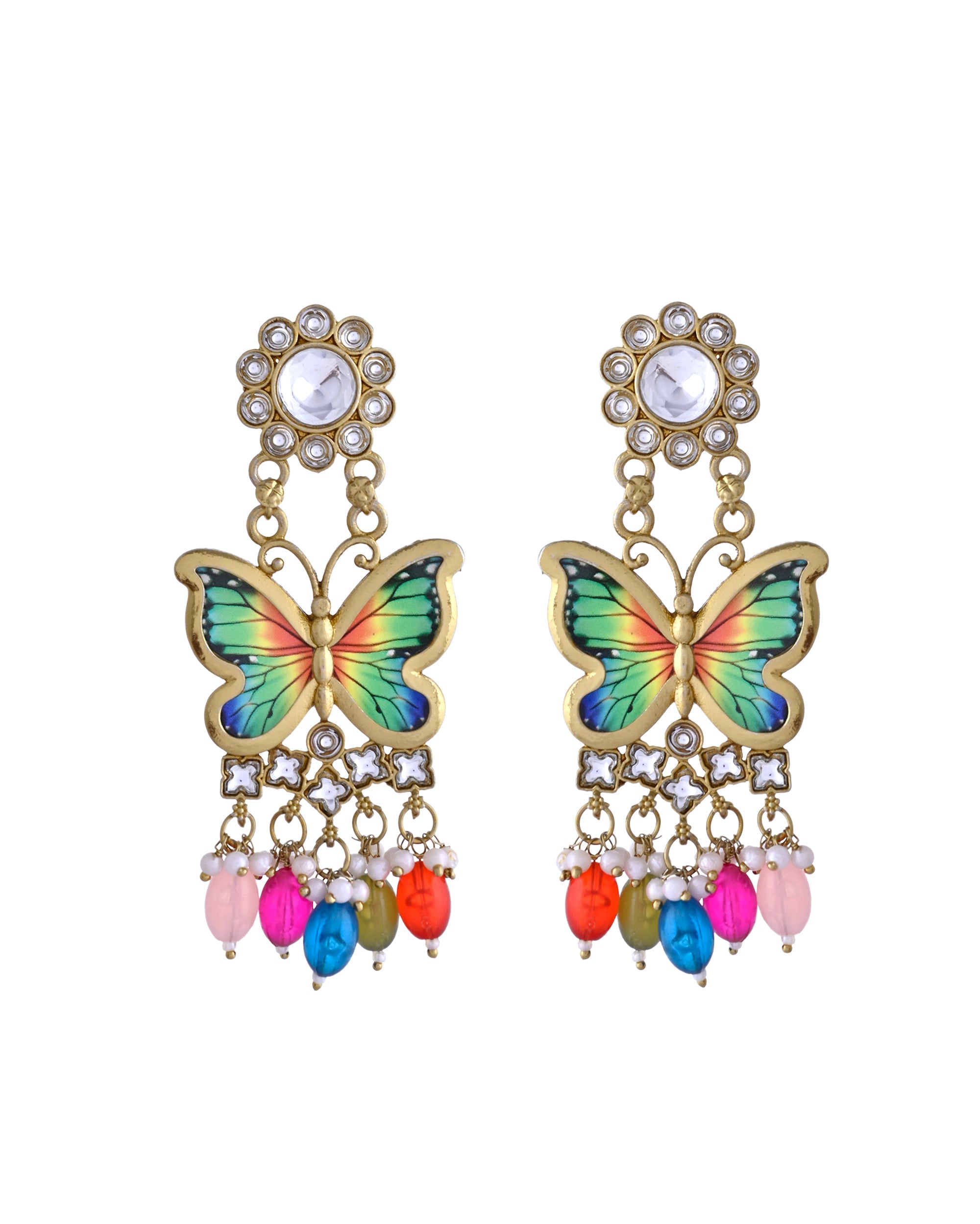 VOJ Gold Toned Multi colour Butterfly Shaped Long Earrings