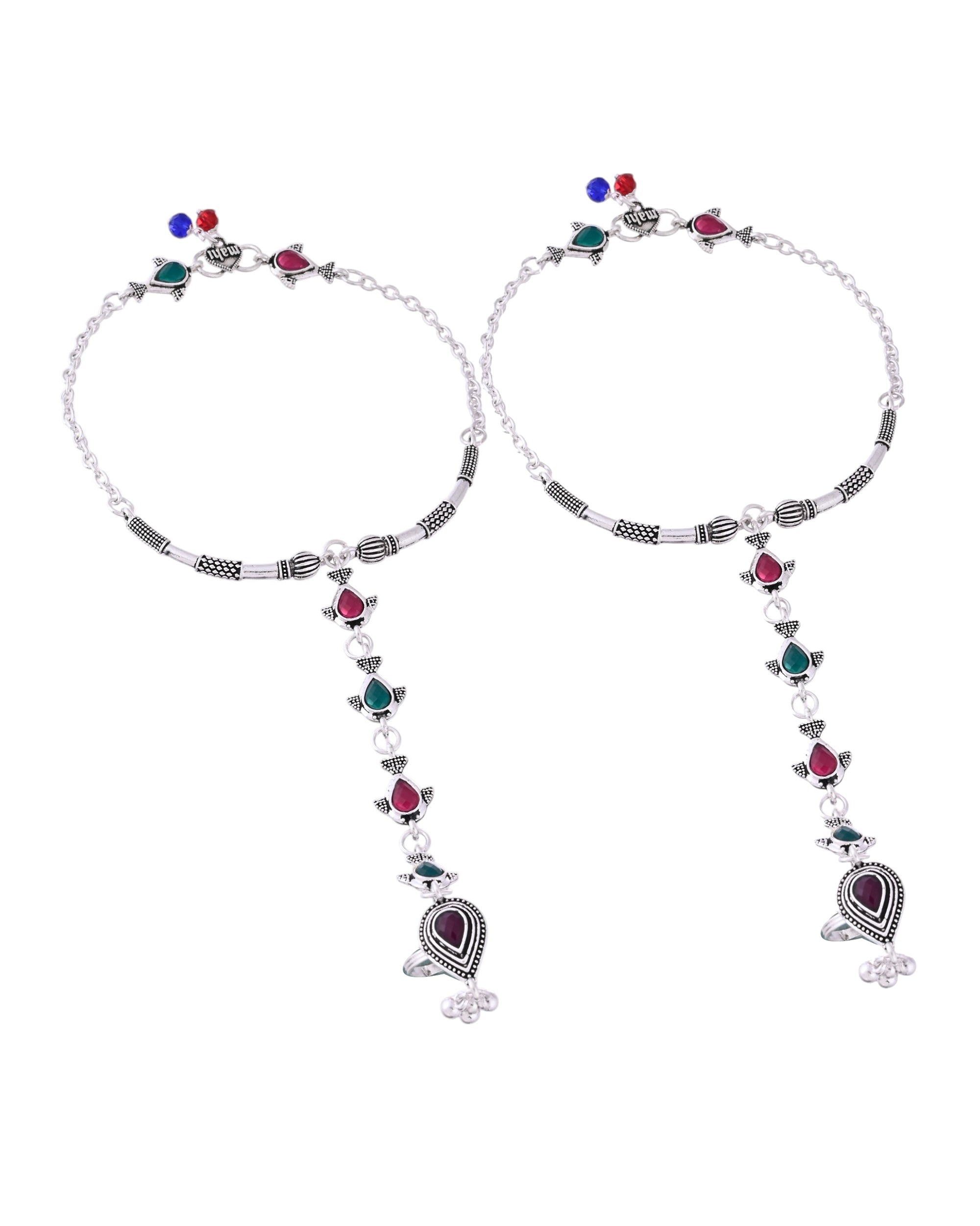 VOJ Set of 2 Silver Toned Meenakari Anklet With Toe Ring